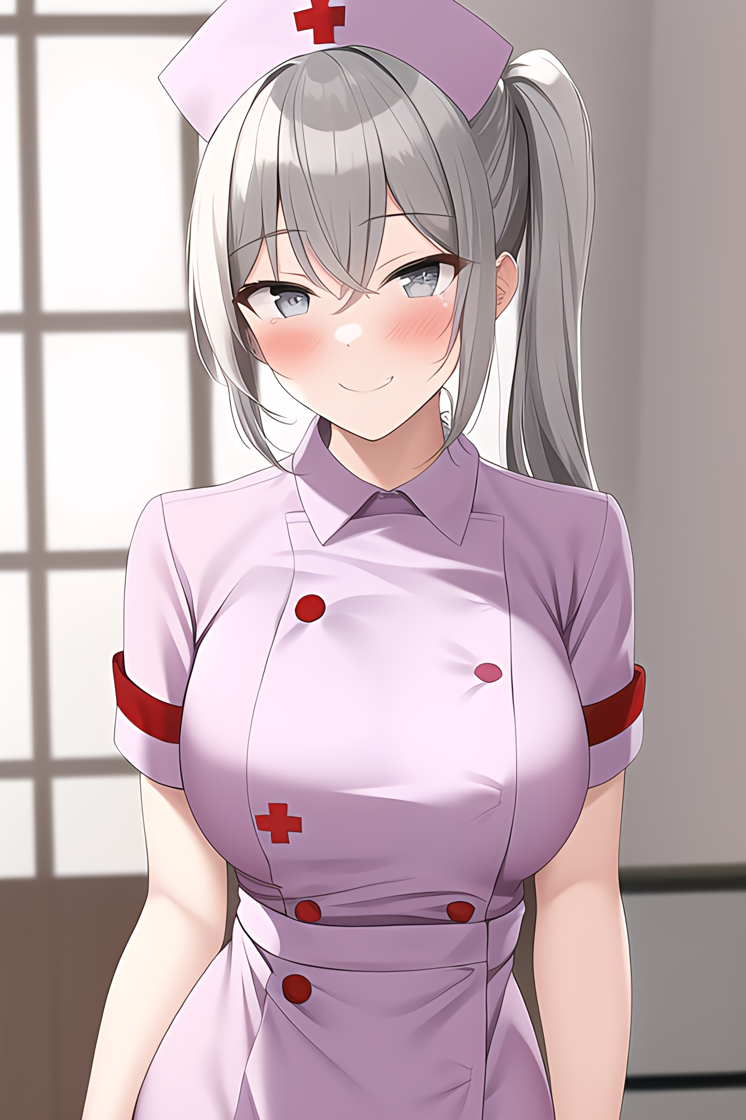 Anime nurse with gray ponytail blushing HD Phone Wallpaper