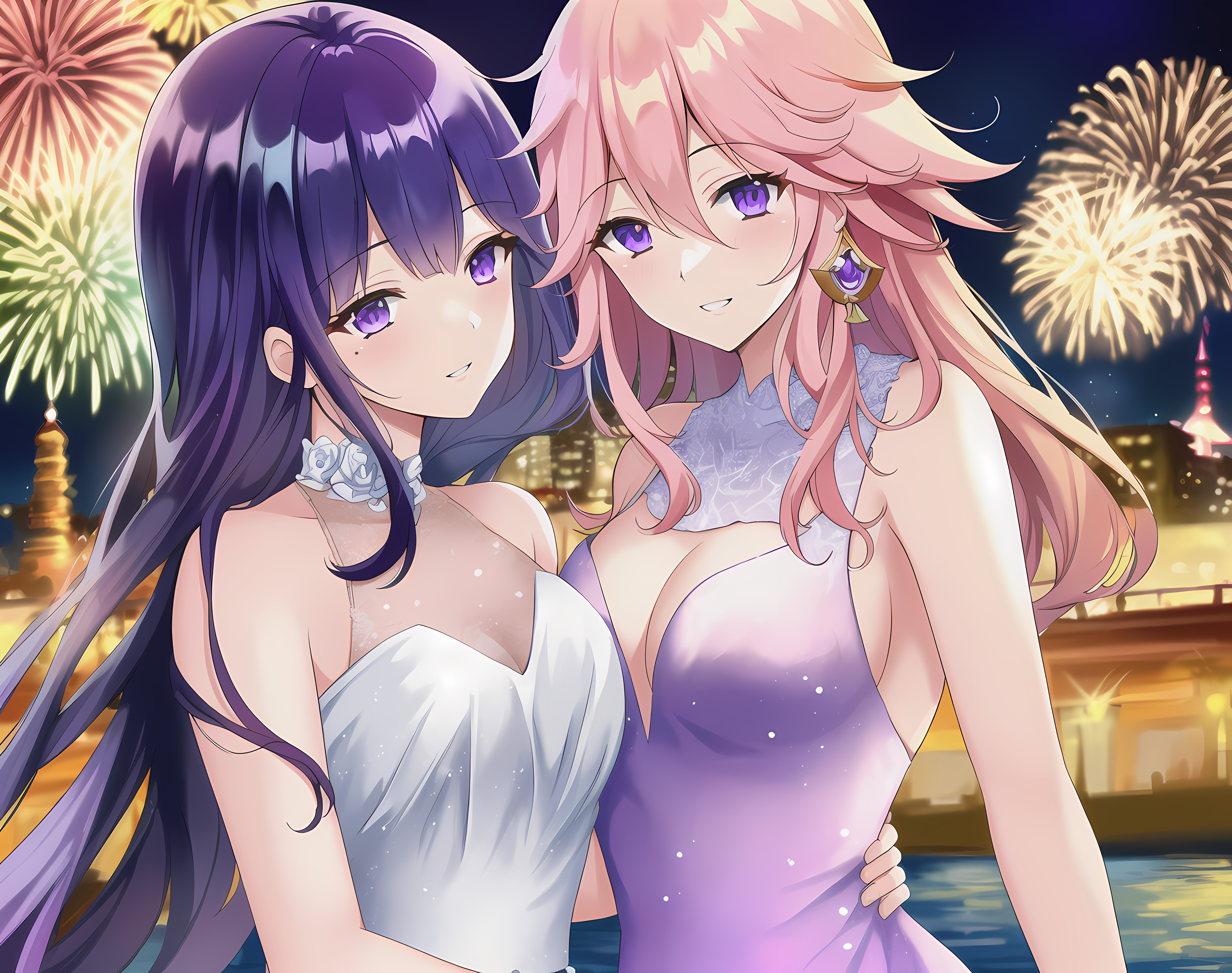 4K Raiden Shogun and Yae Miko with Fireworks HD Wallpaper