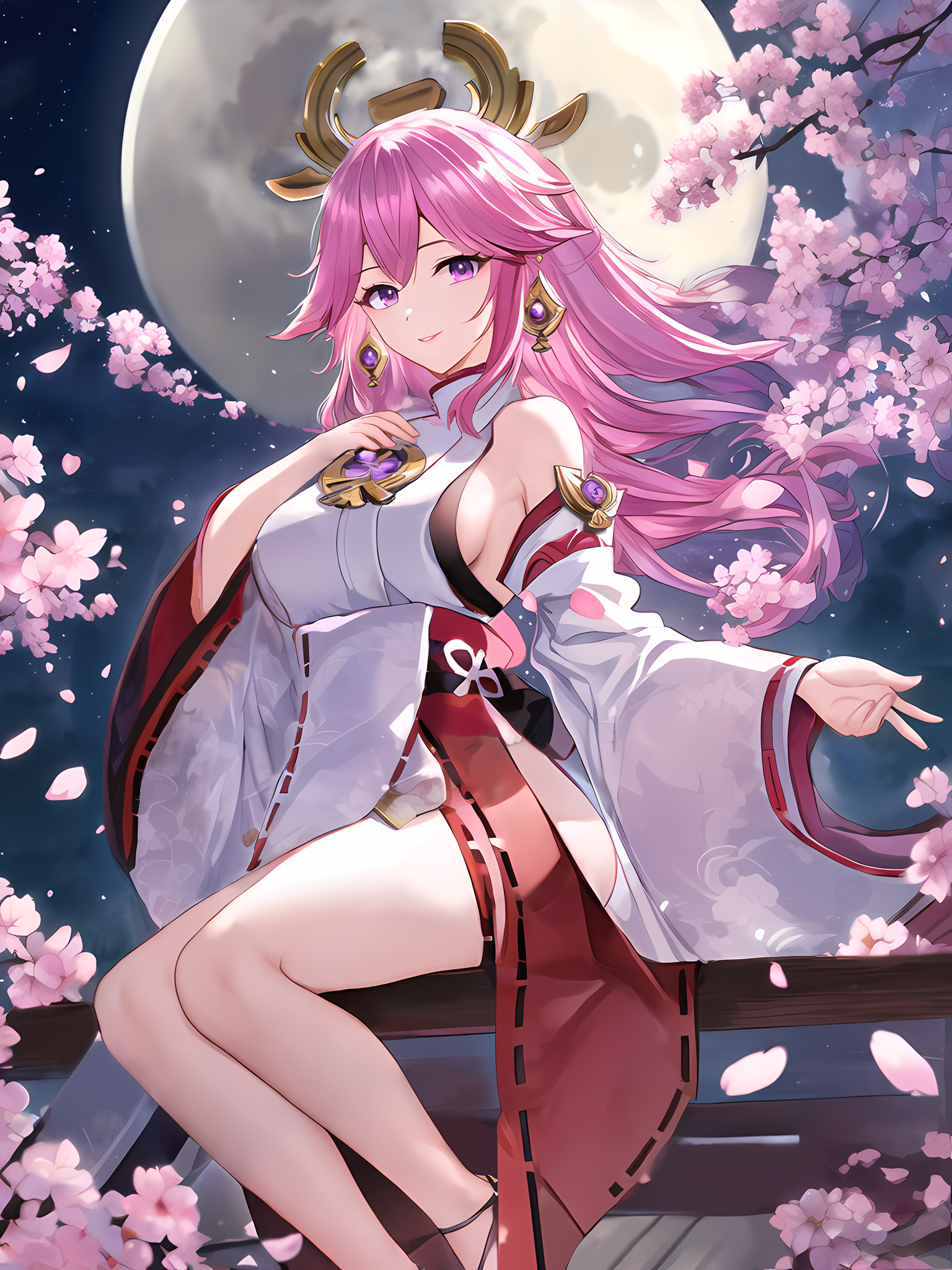 Yae Miko from Genshin Impact with pink hair and flowers HD Phone Wallpaper