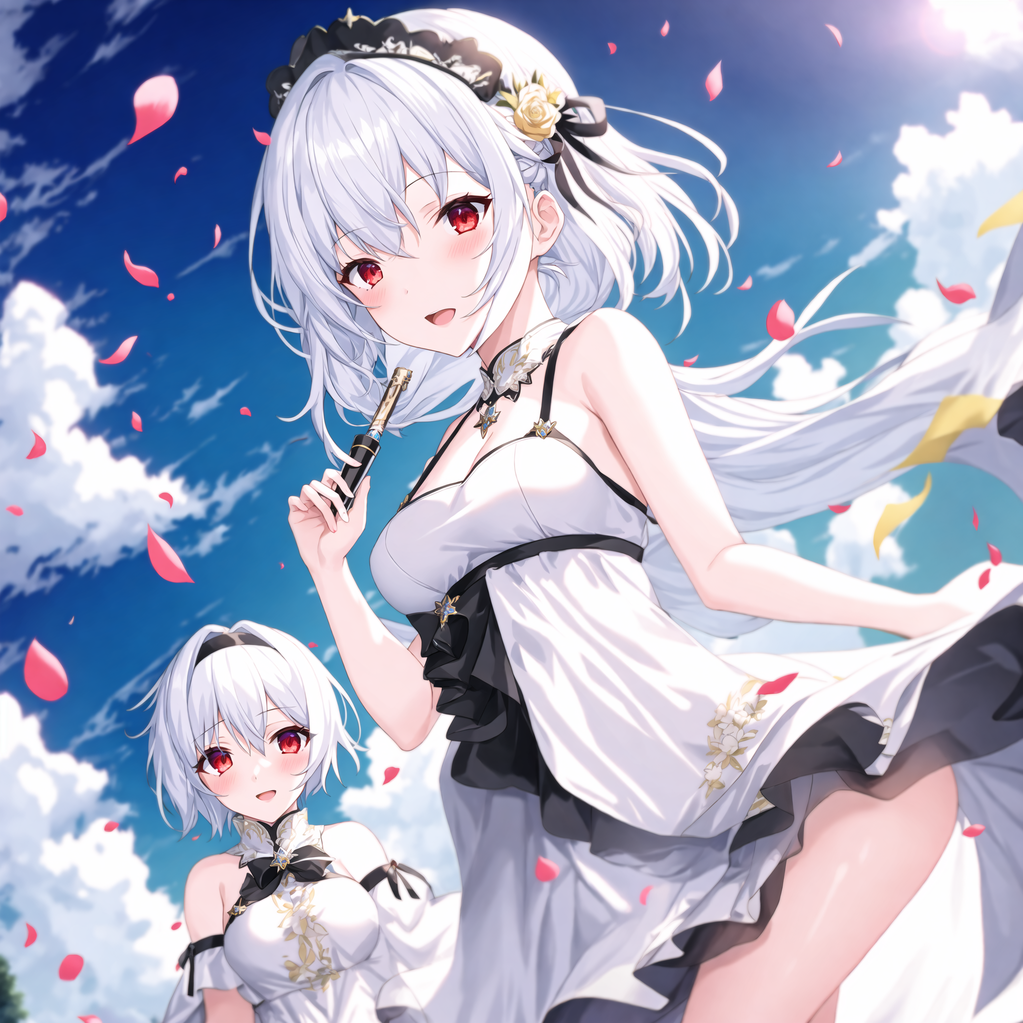 Two anime women with white hair and red eyes HD Wallpaper