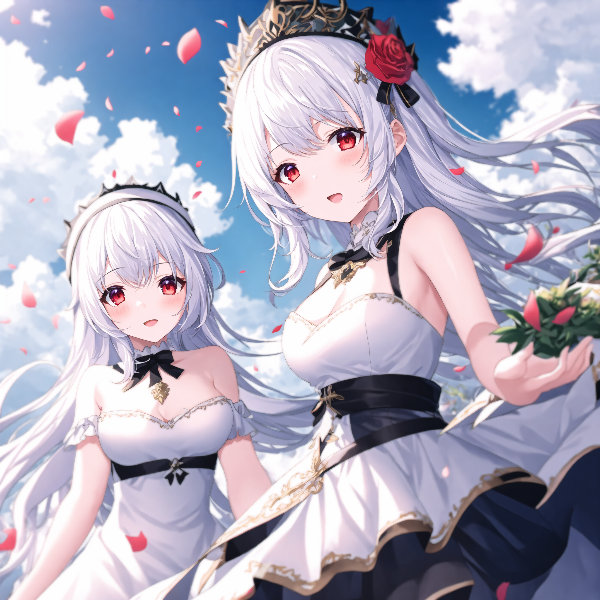Two anime women with white hair and red eyes HD Wallpaper