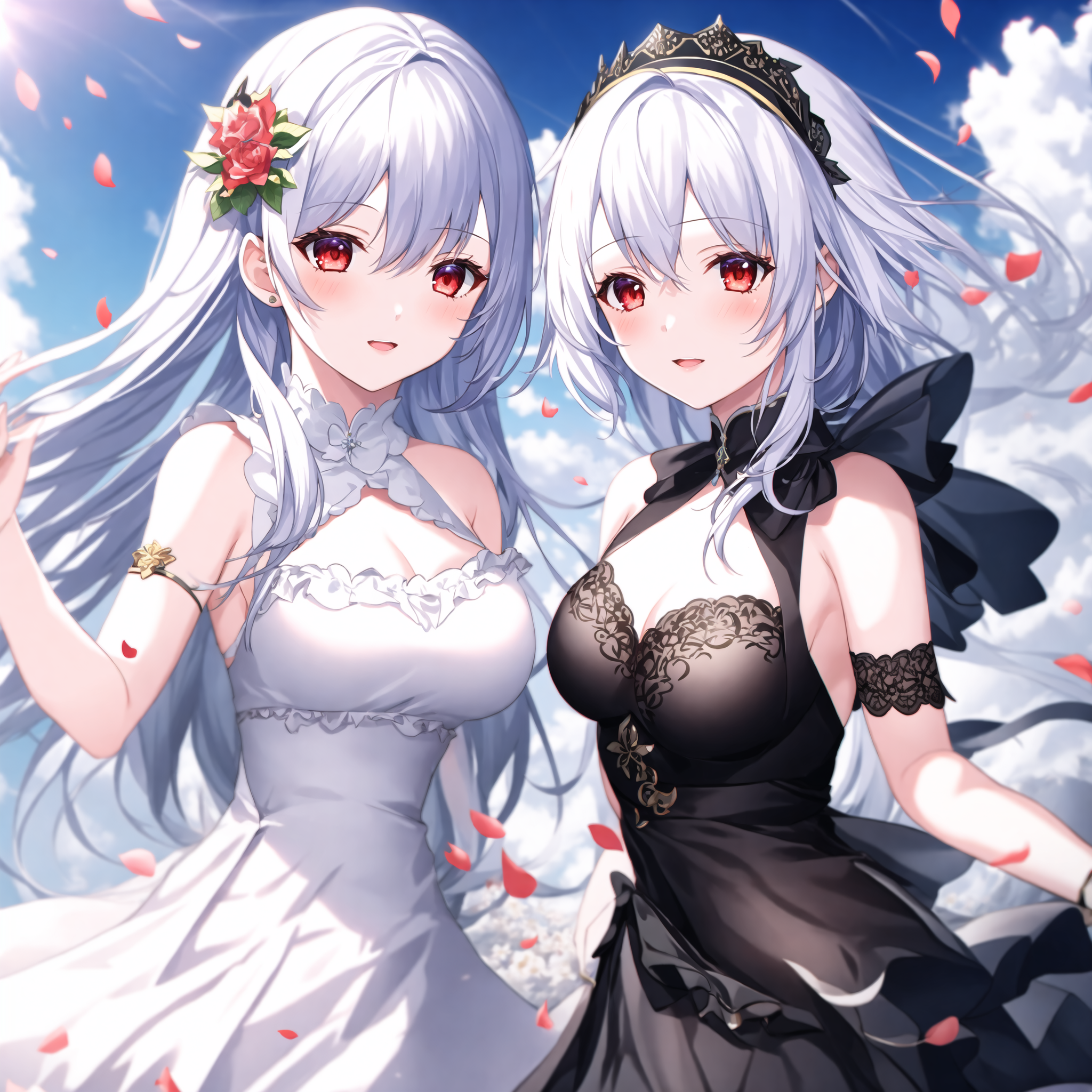 Two anime women in dresses with petals and flowers HD Wallpaper