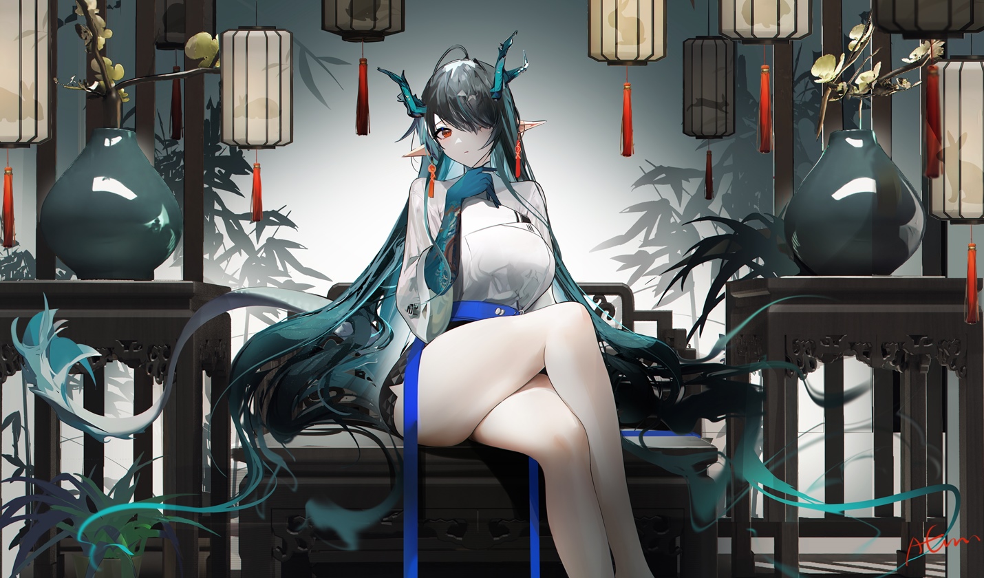 Dusk from Arknights sitting in a traditional room HD Wallpaper