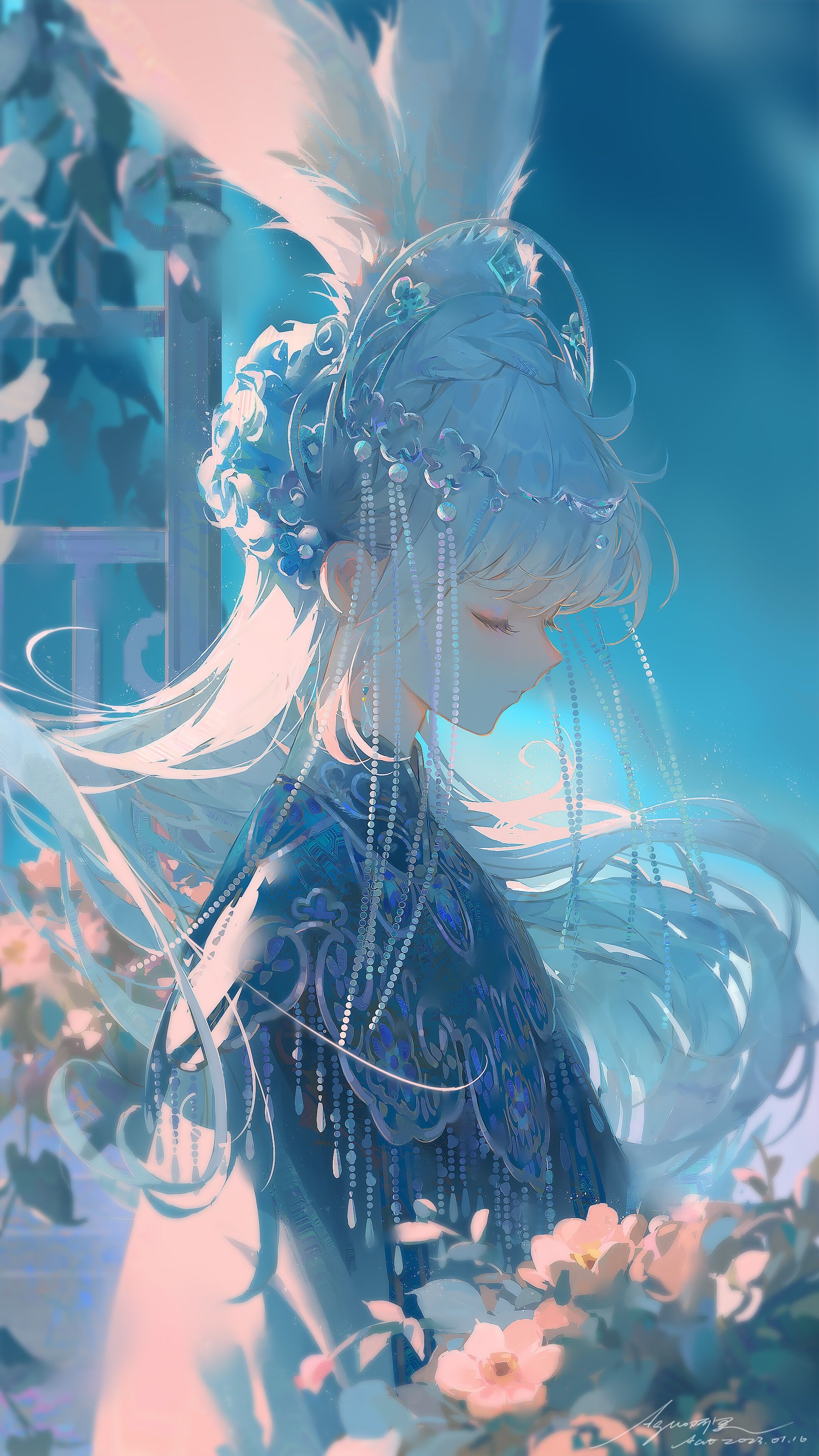 Anime girl with closed eyes and flowers HD Phone Wallpaper