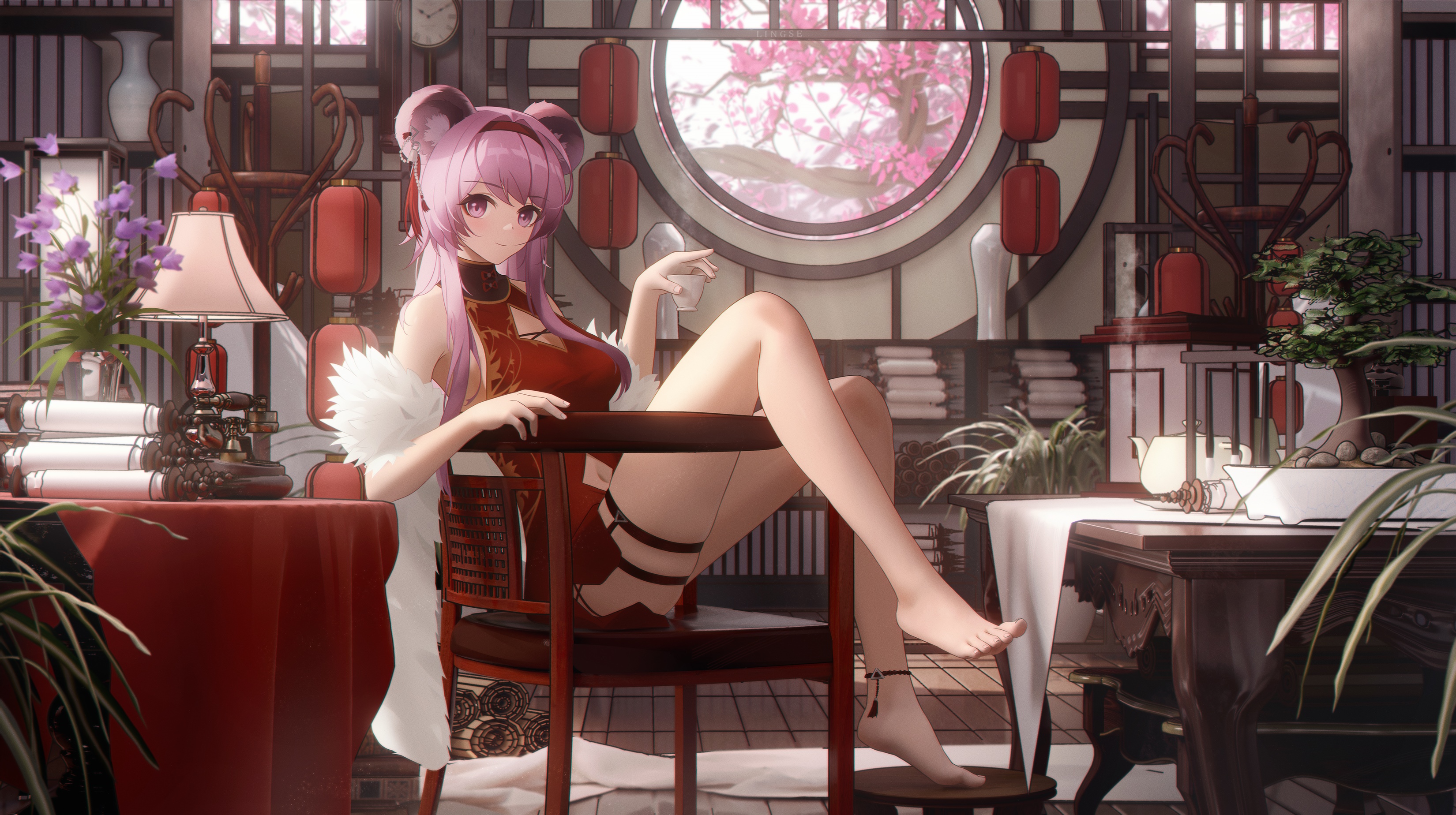 Woman in red cheongsam sitting in a chair HD Wallpaper