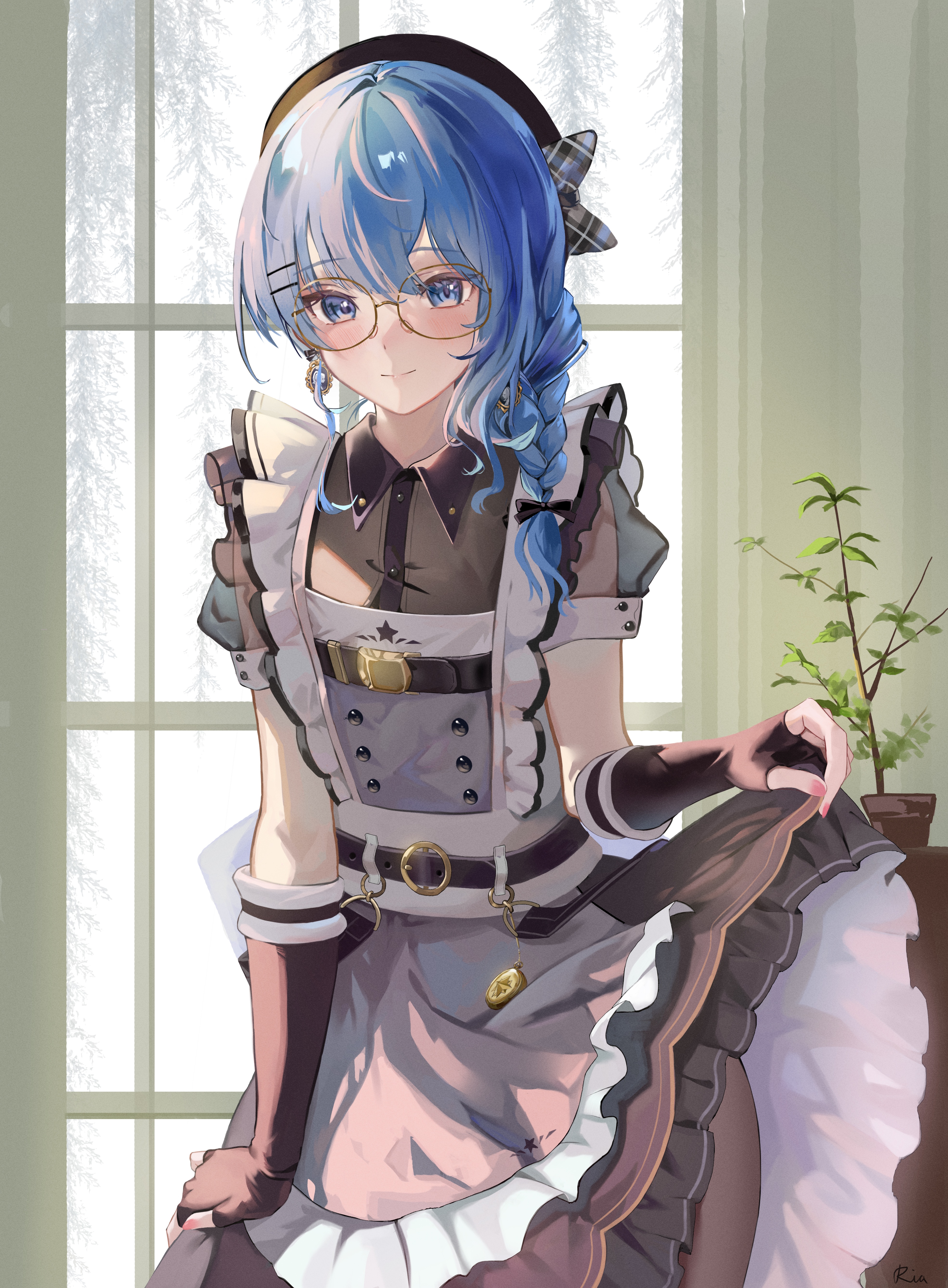 4K Blue Haired Maid with Glasses Lifting Dress HD Phone Wallpaper