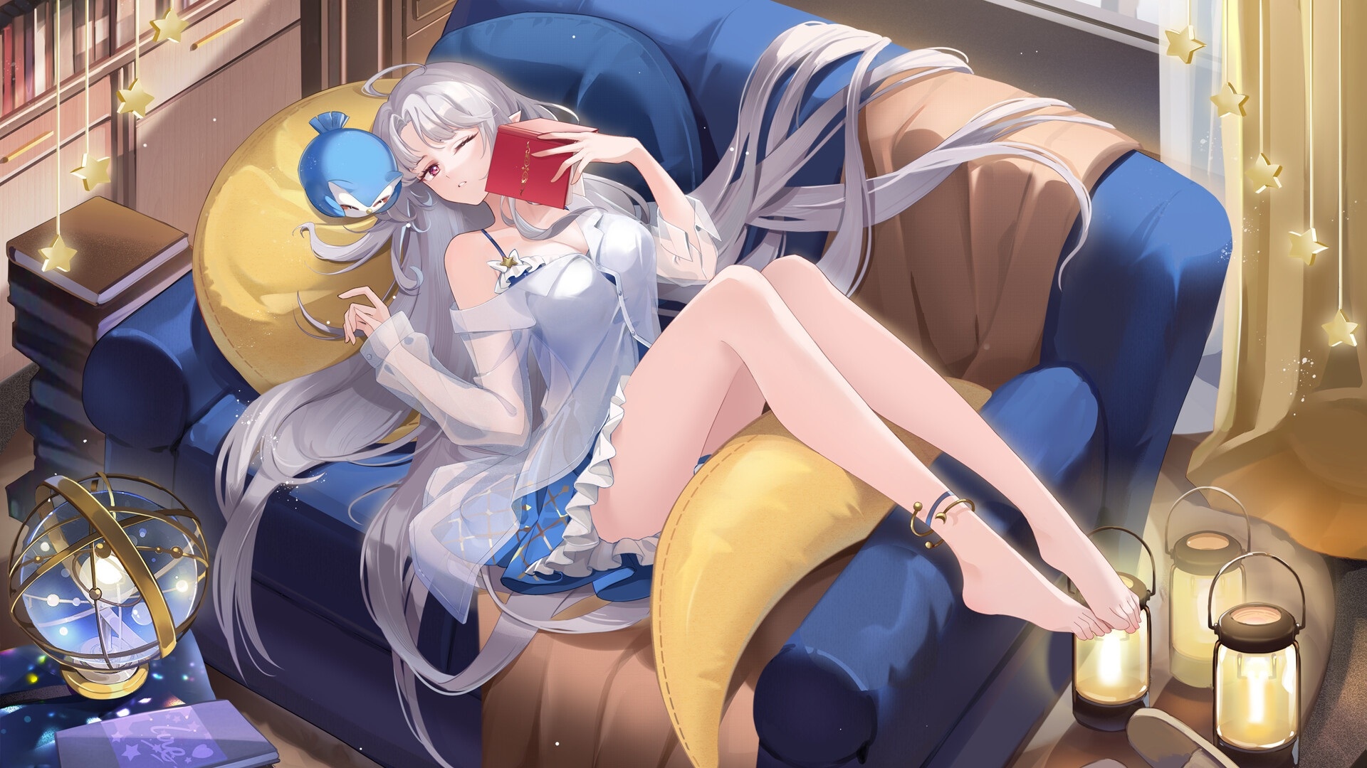 Girl with white hair reading a book on a couch HD Wallpaper