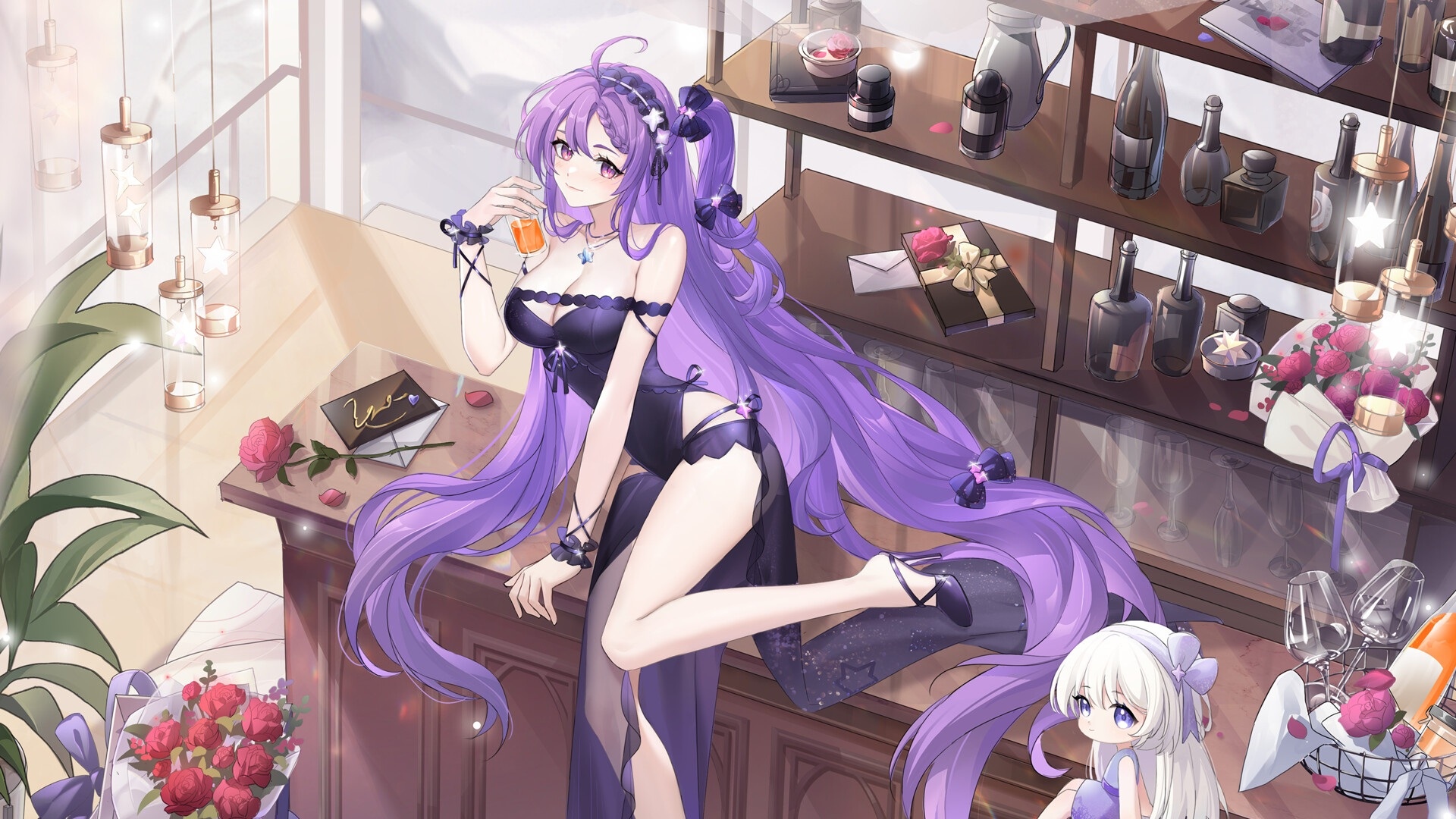 Woman with purple hair drinking from a glass HD Wallpaper