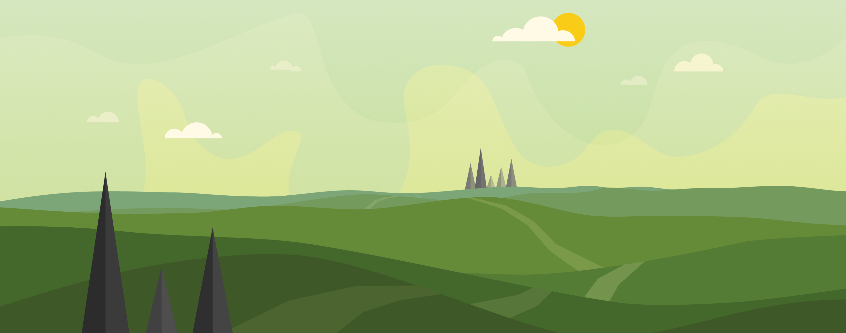 Minimalist landscape with rolling green hills and clouds HD Wallpaper