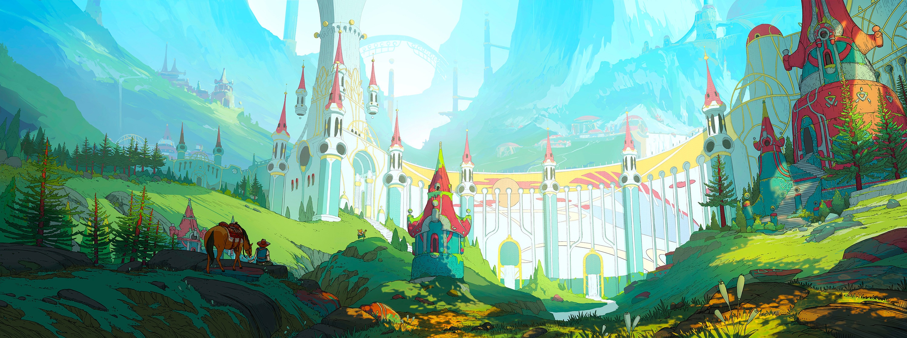 Fantasy castle in a green valley with a horse and rider HD Wallpaper
