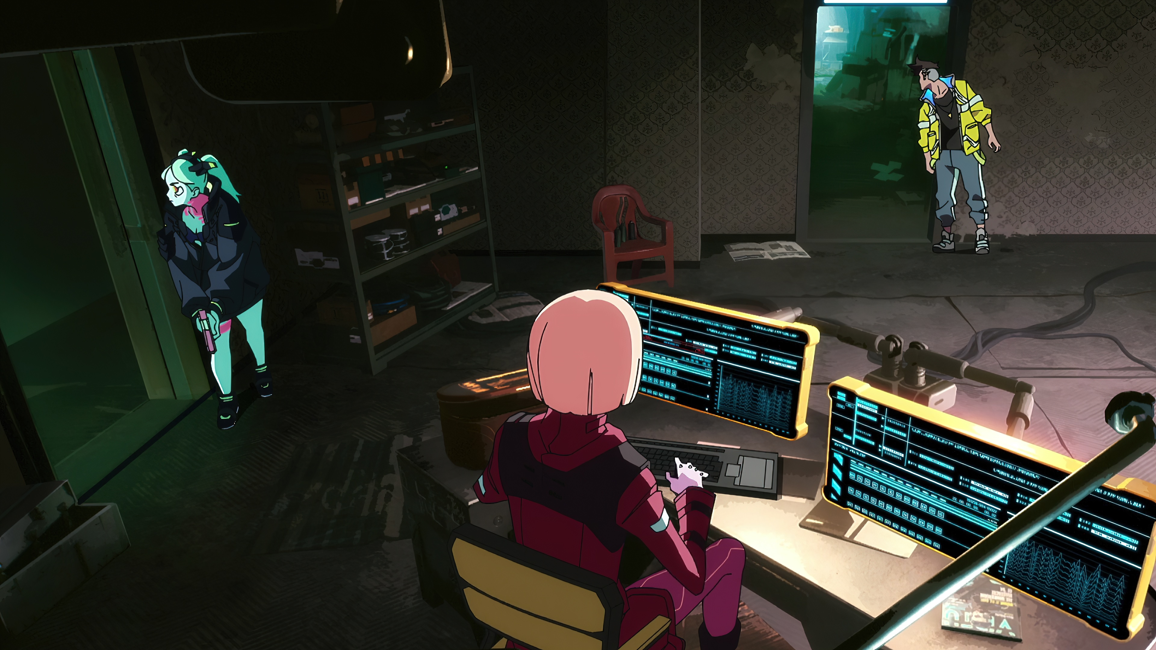 Cyberpunk: Edgerunners screenshot with characters and computers HD Wallpaper