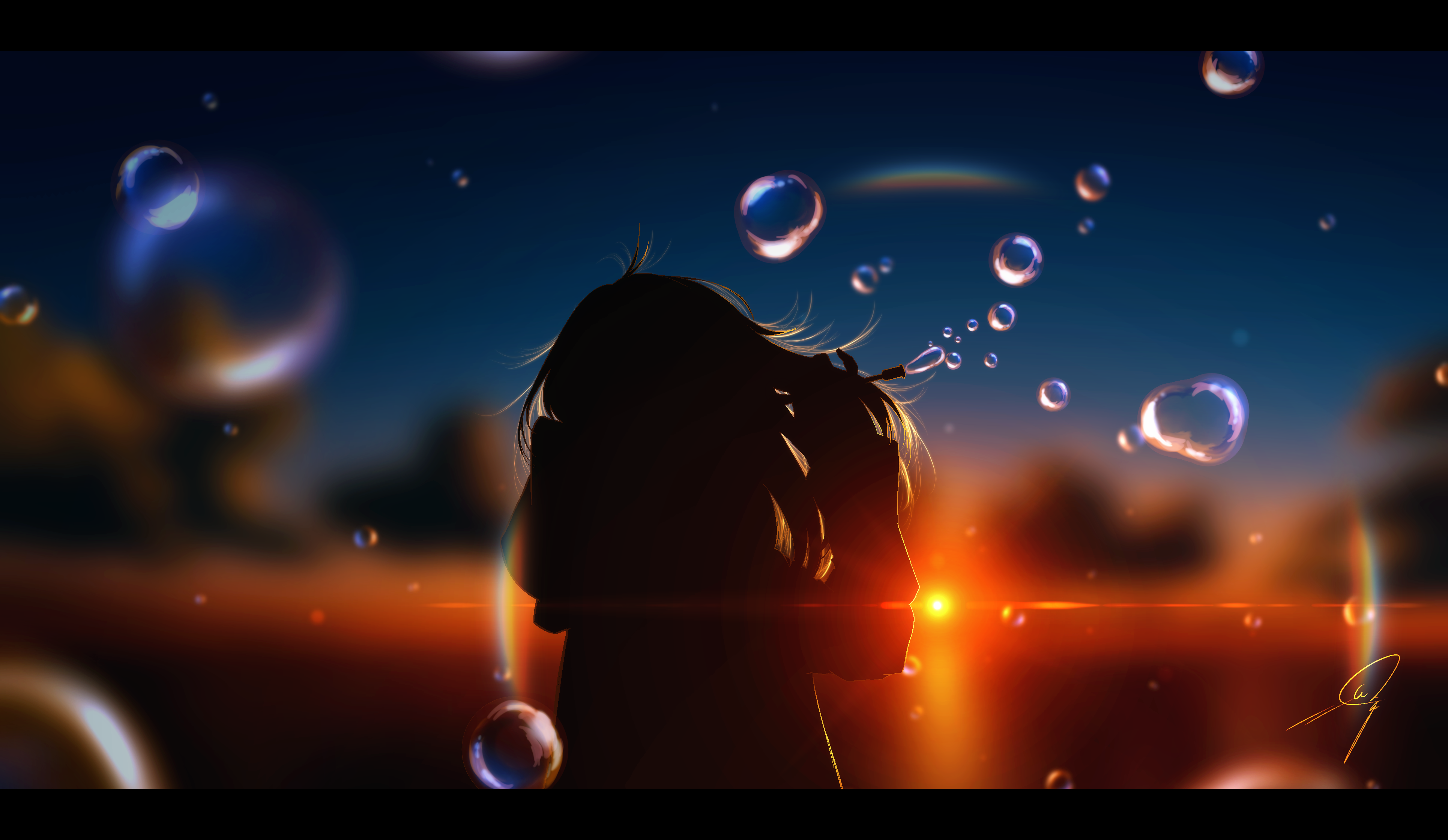 4K anime girl blowing bubbles at sunset HD Wallpaper