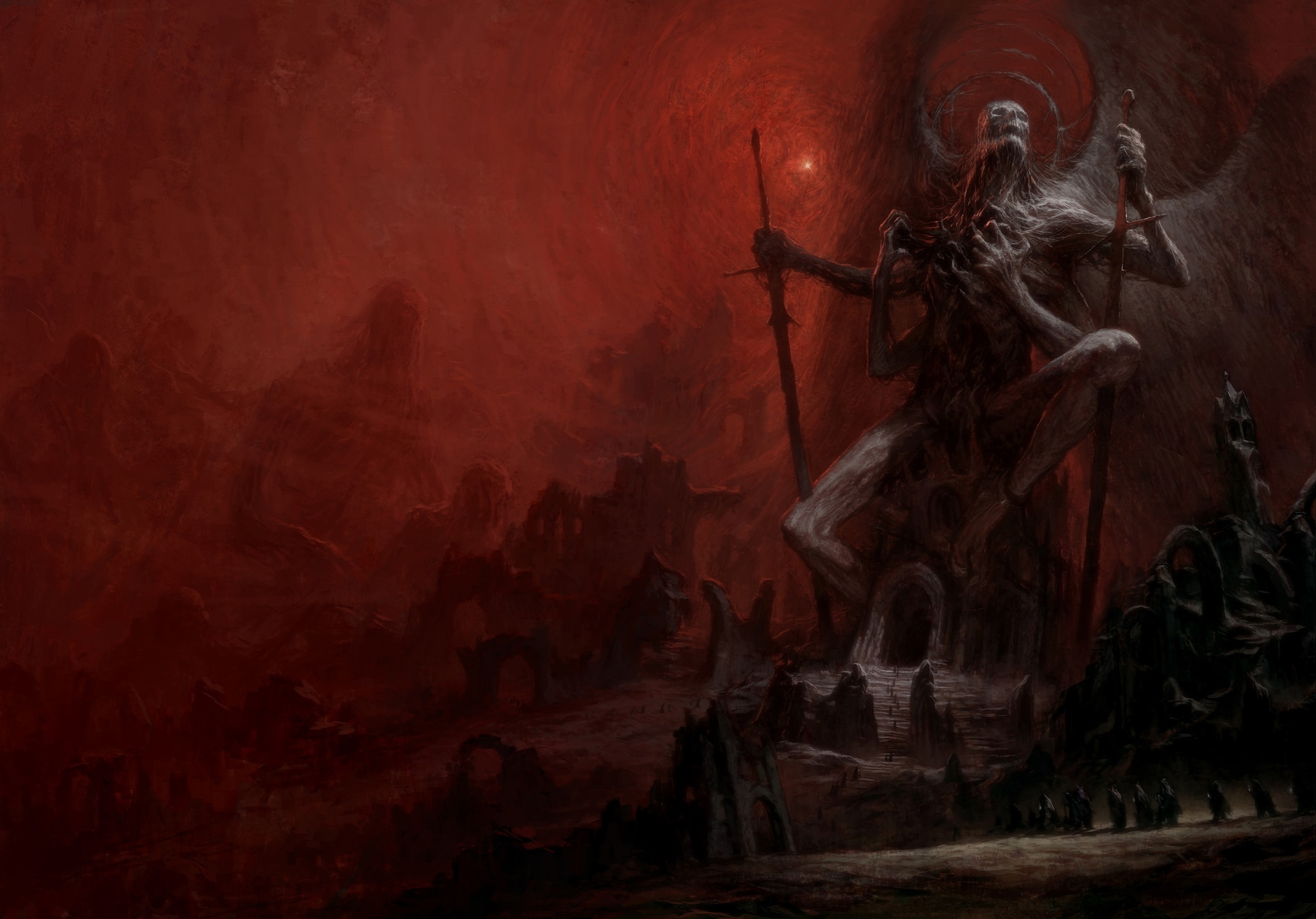 Dark fantasy artwork of a monstrous creature with swords HD Wallpaper