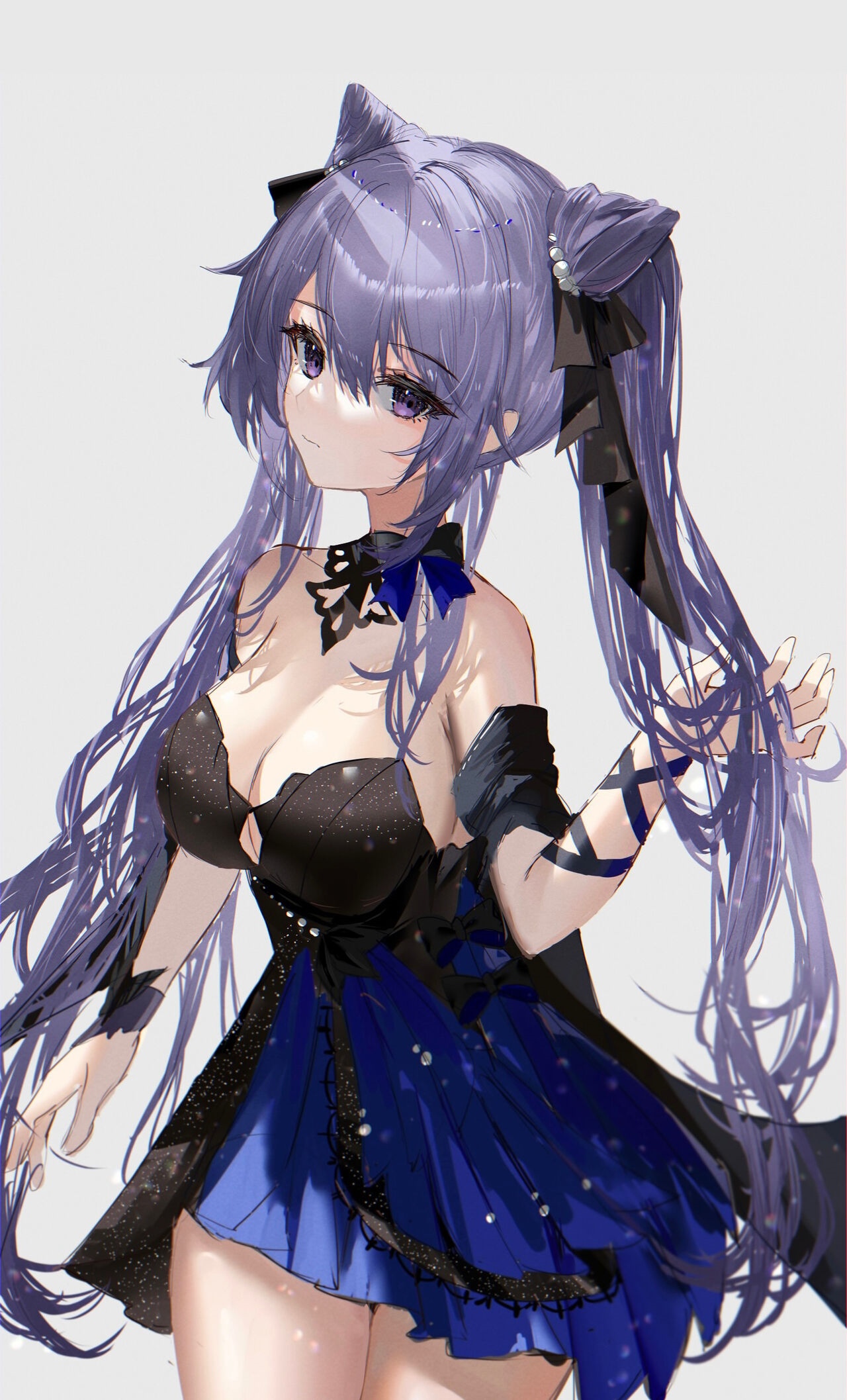 Keqing from Genshin Impact in a black and blue dress HD Phone Wallpaper
