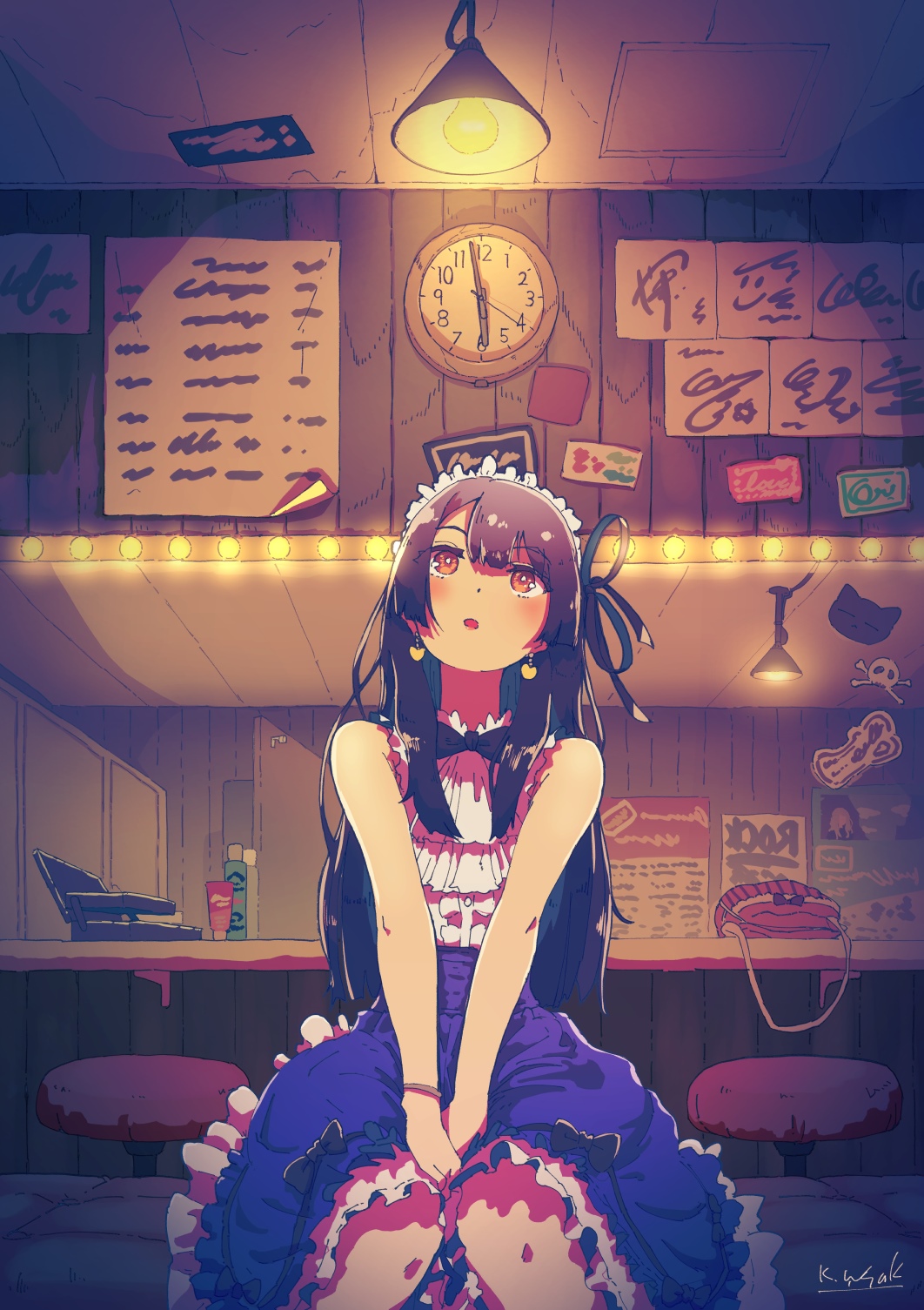 Anime girl in a frilly dress at a bar HD Phone Wallpaper