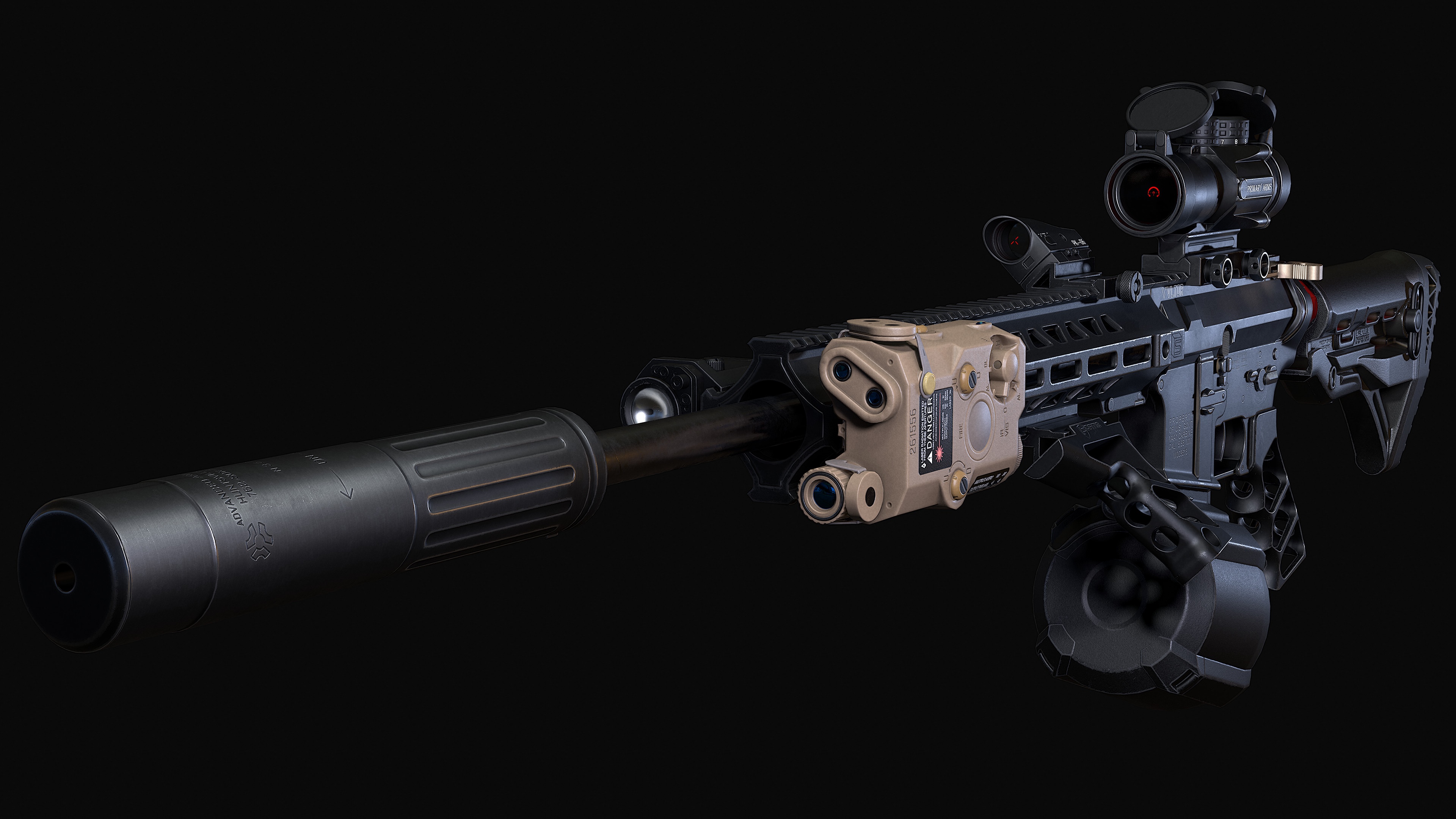 4K M4A1 rifle with suppressor and drum magazine HD Wallpaper