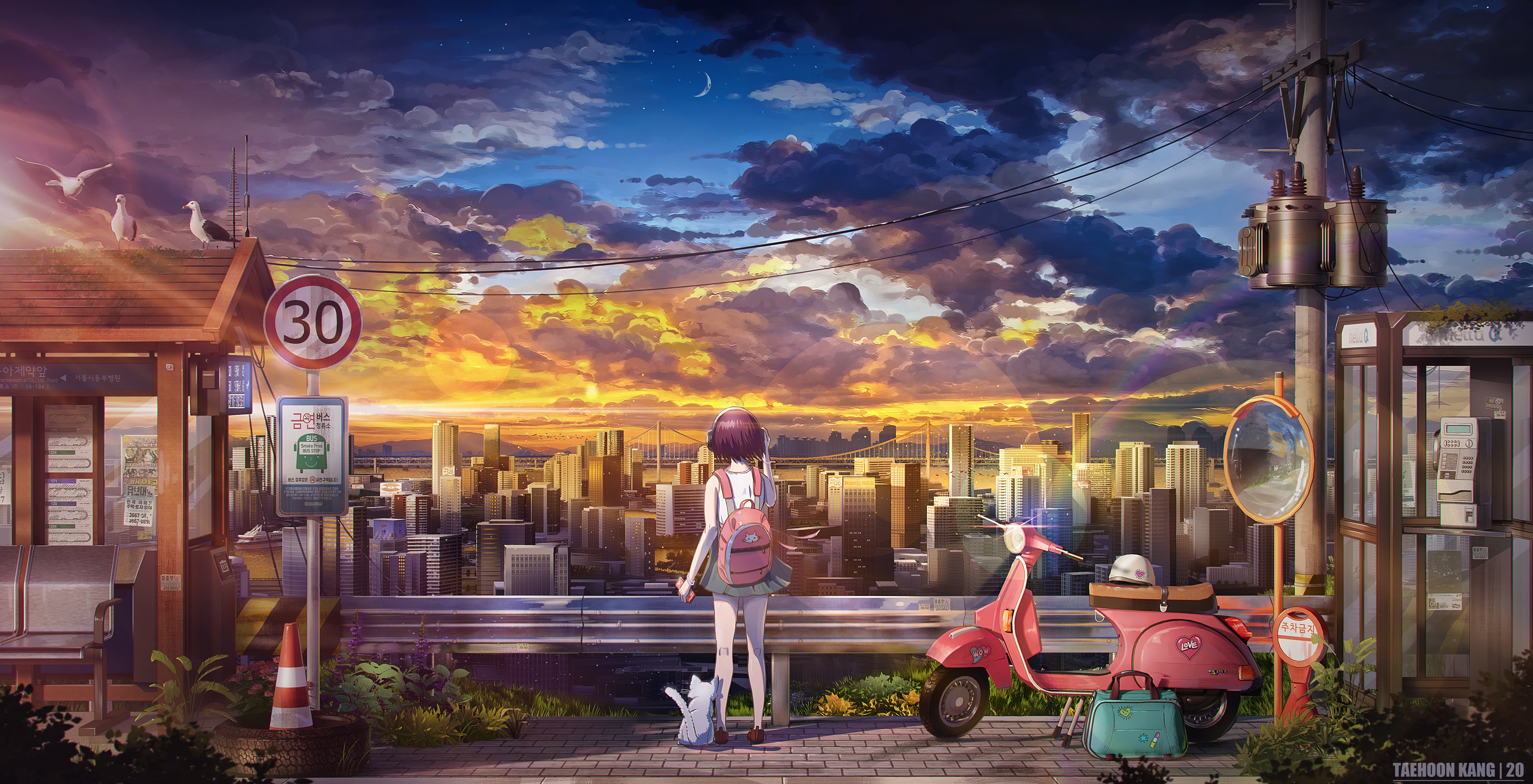 Schoolgirl and scooter at sunset HD Wallpaper