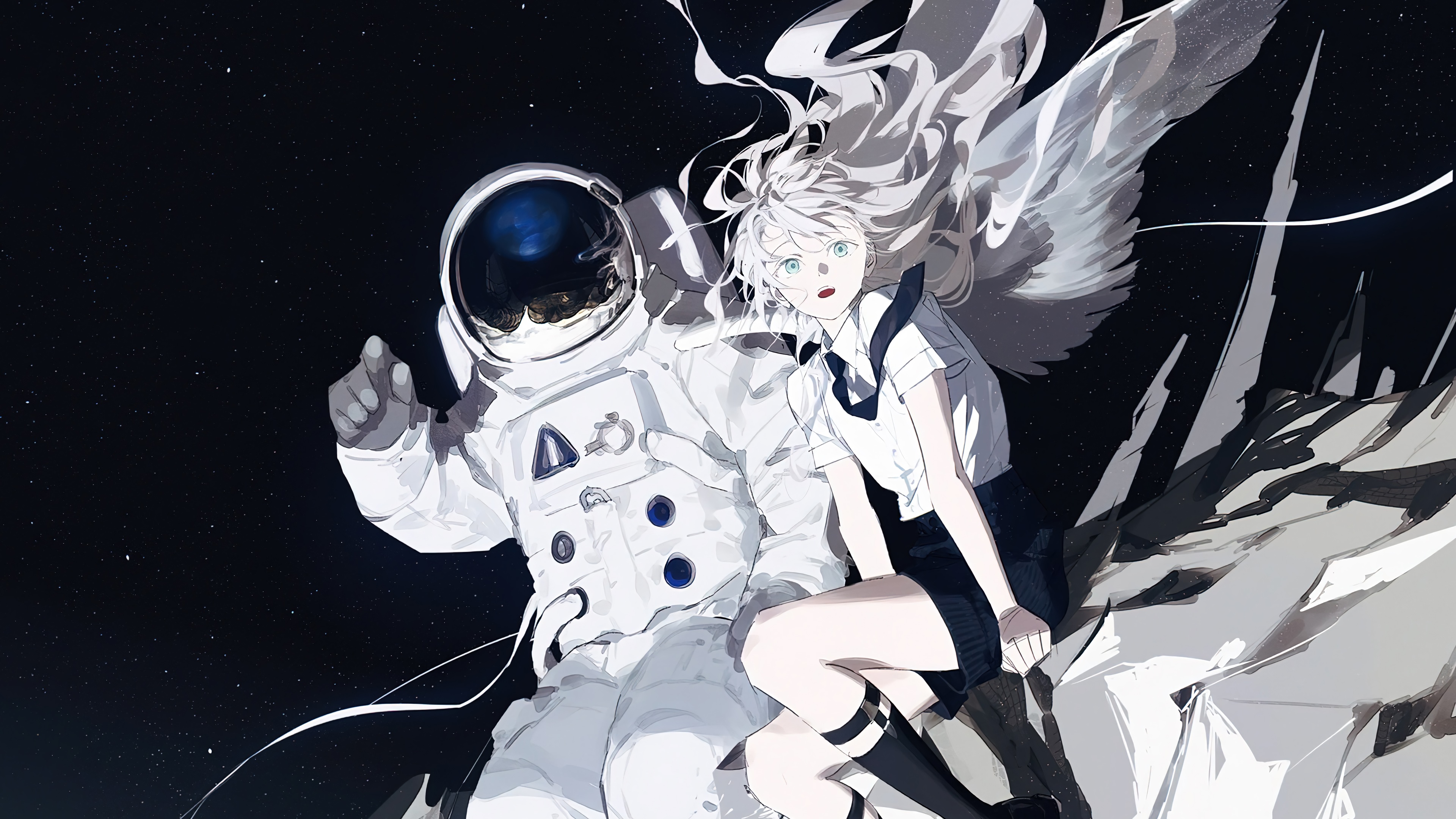 Astronaut and winged girl in space HD Wallpaper