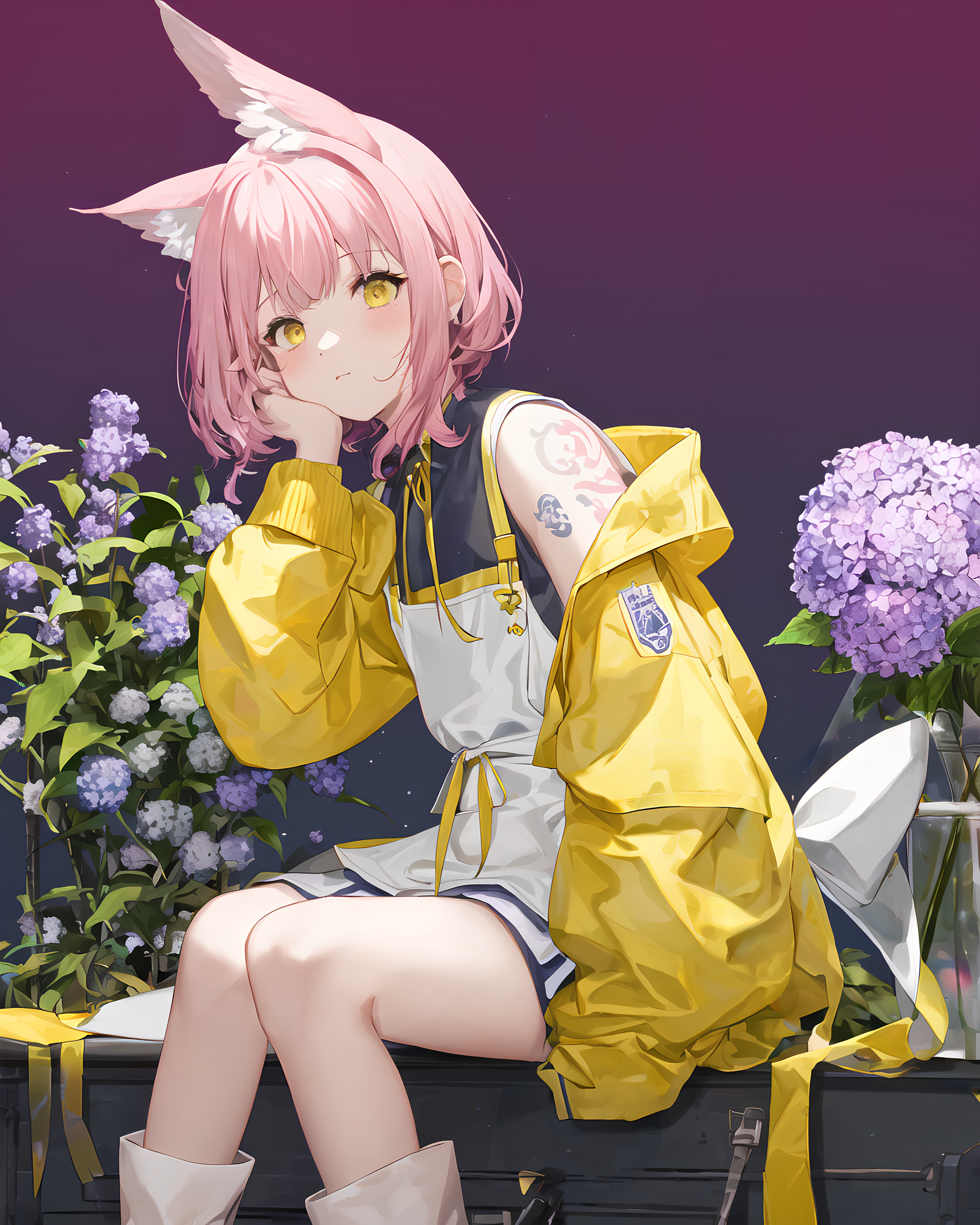 Fox girl with pink hair and yellow jacket HD Phone Wallpaper