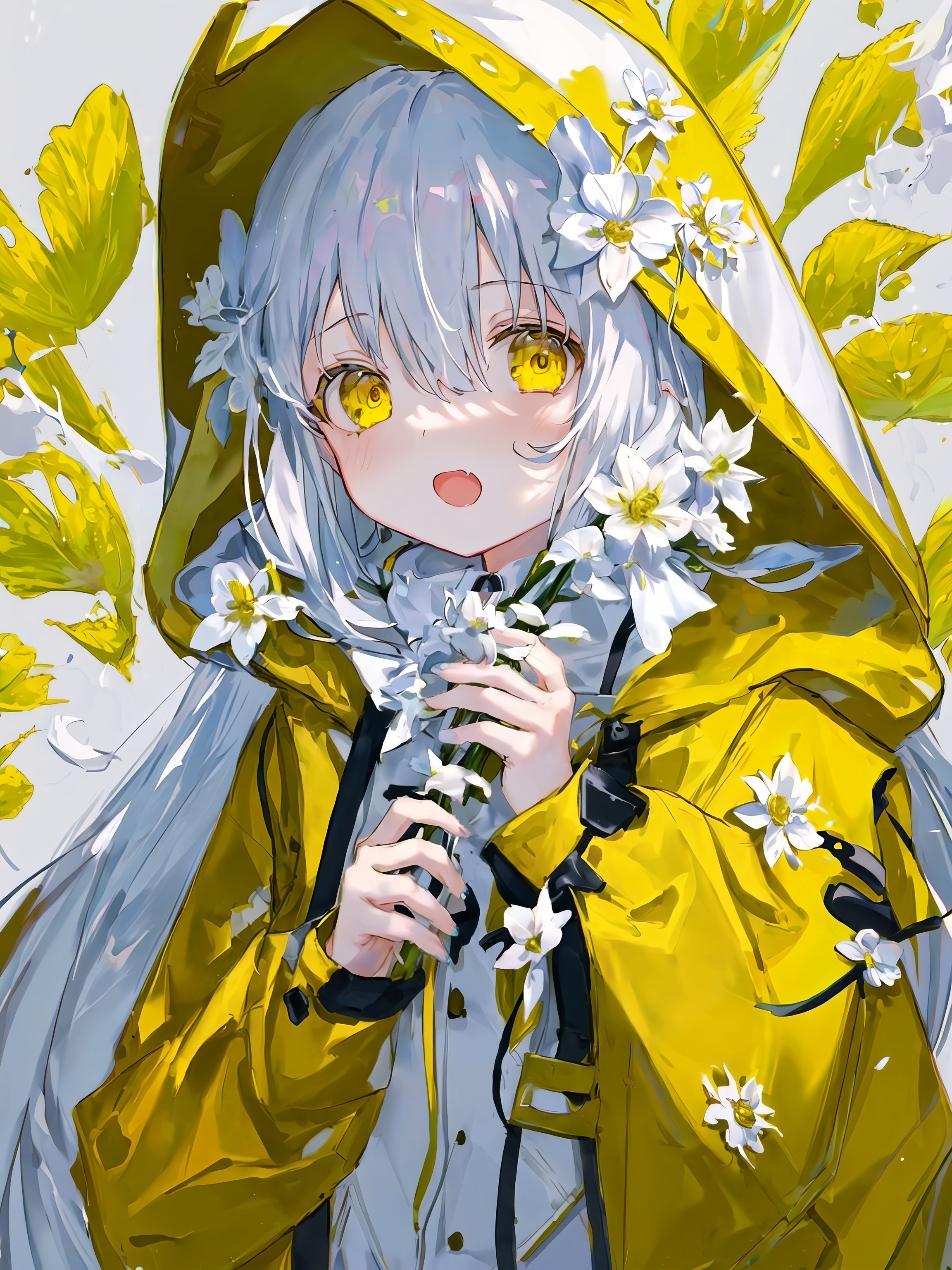 Anime girl with white hair and yellow eyes in a yellow raincoat HD Phone Wallpaper