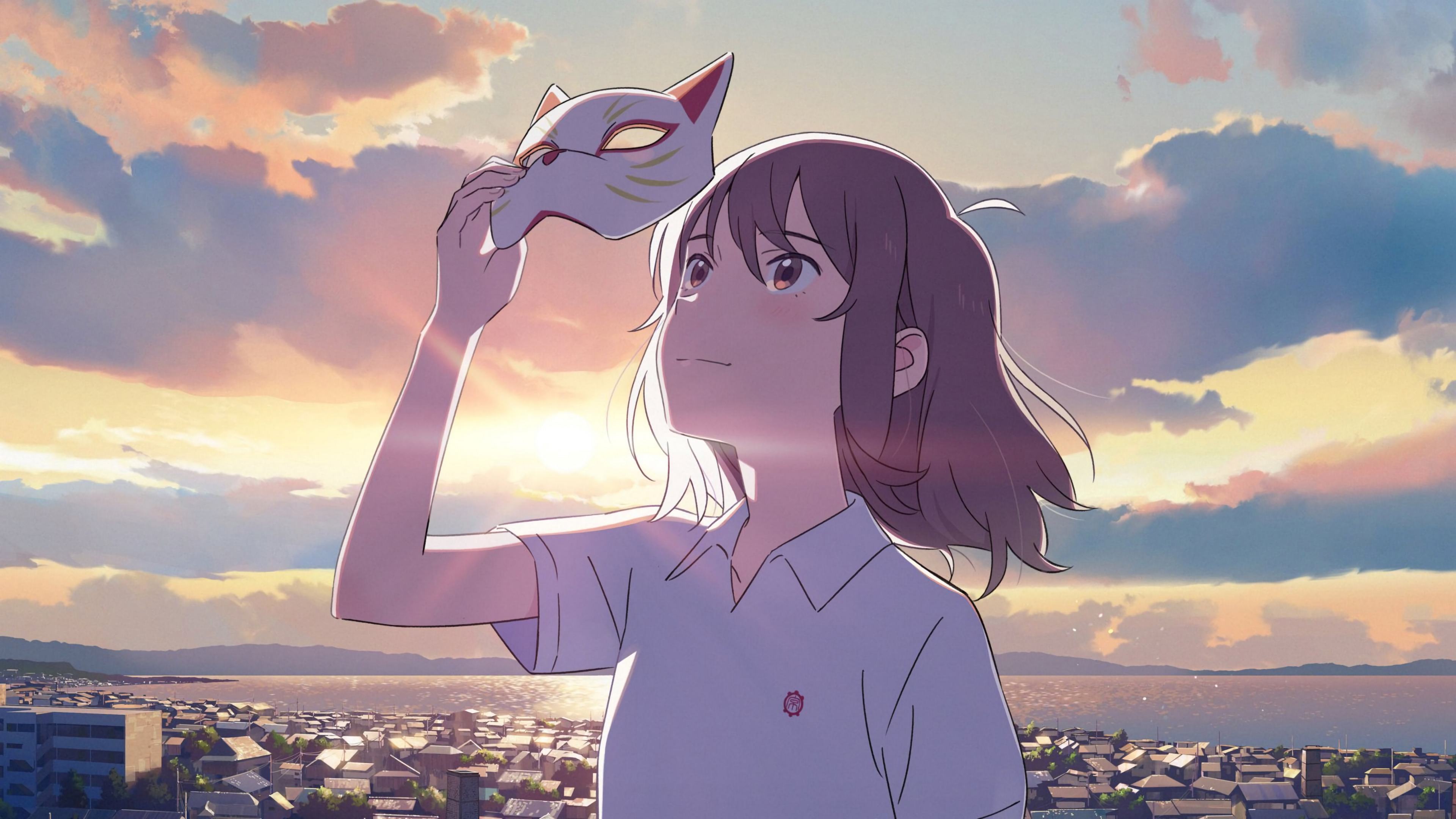 4K A Whisker Away girl with mask at sunset HD Wallpaper