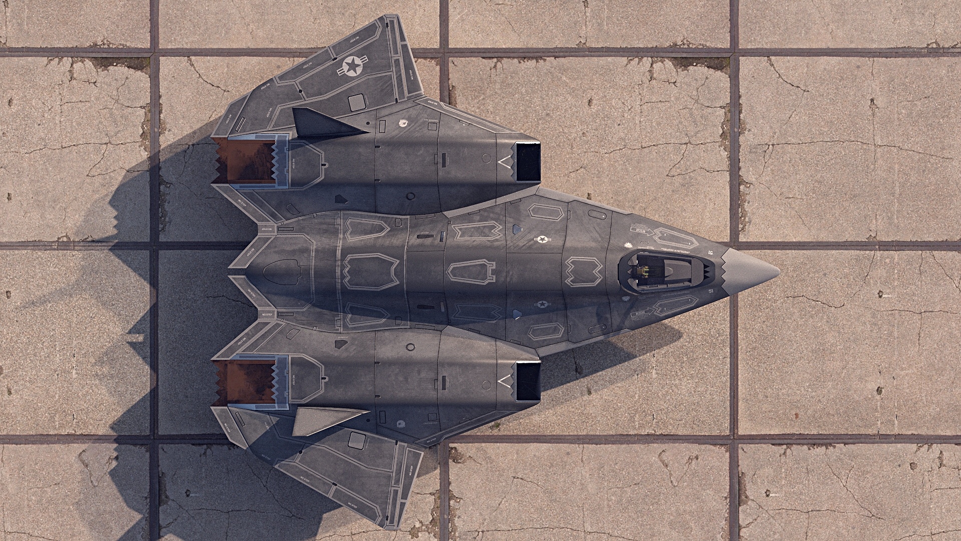 Top-down view of a stealth fighter jet on tarmac HD Wallpaper