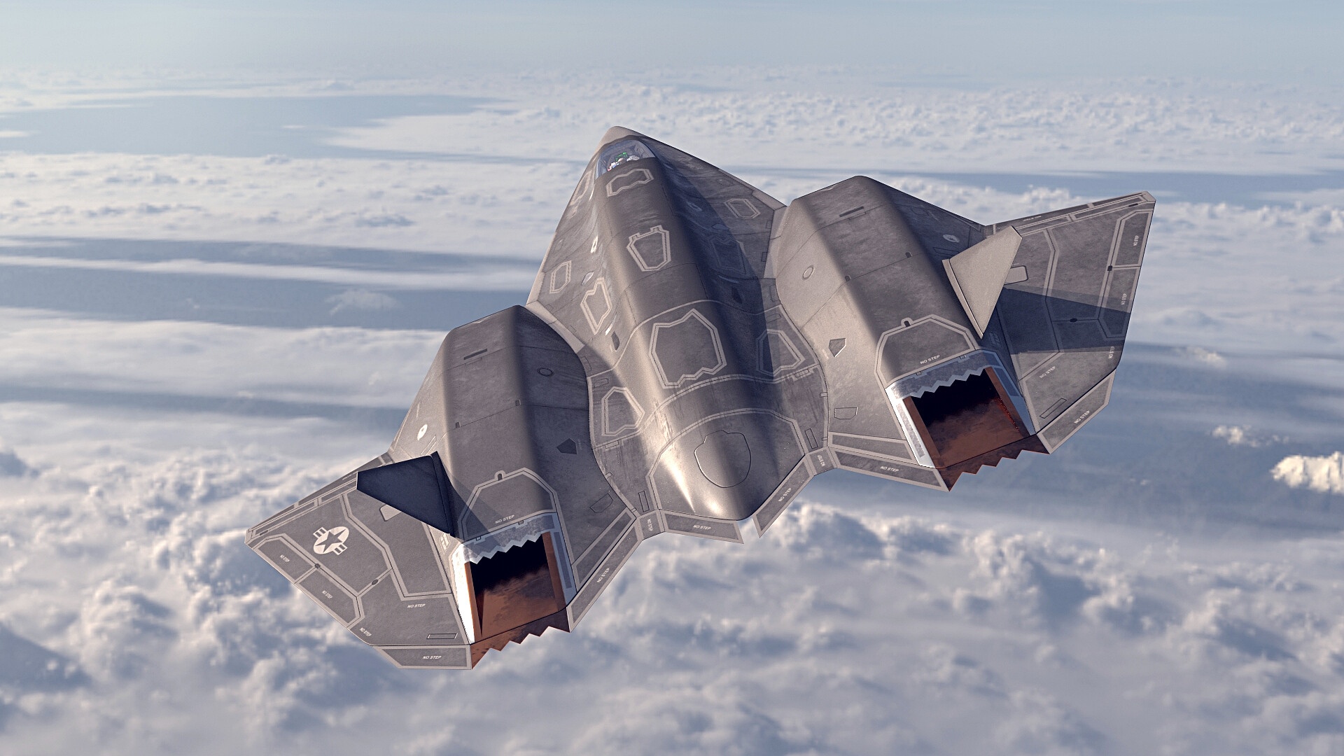 Stealth bomber flying over clouds HD Wallpaper