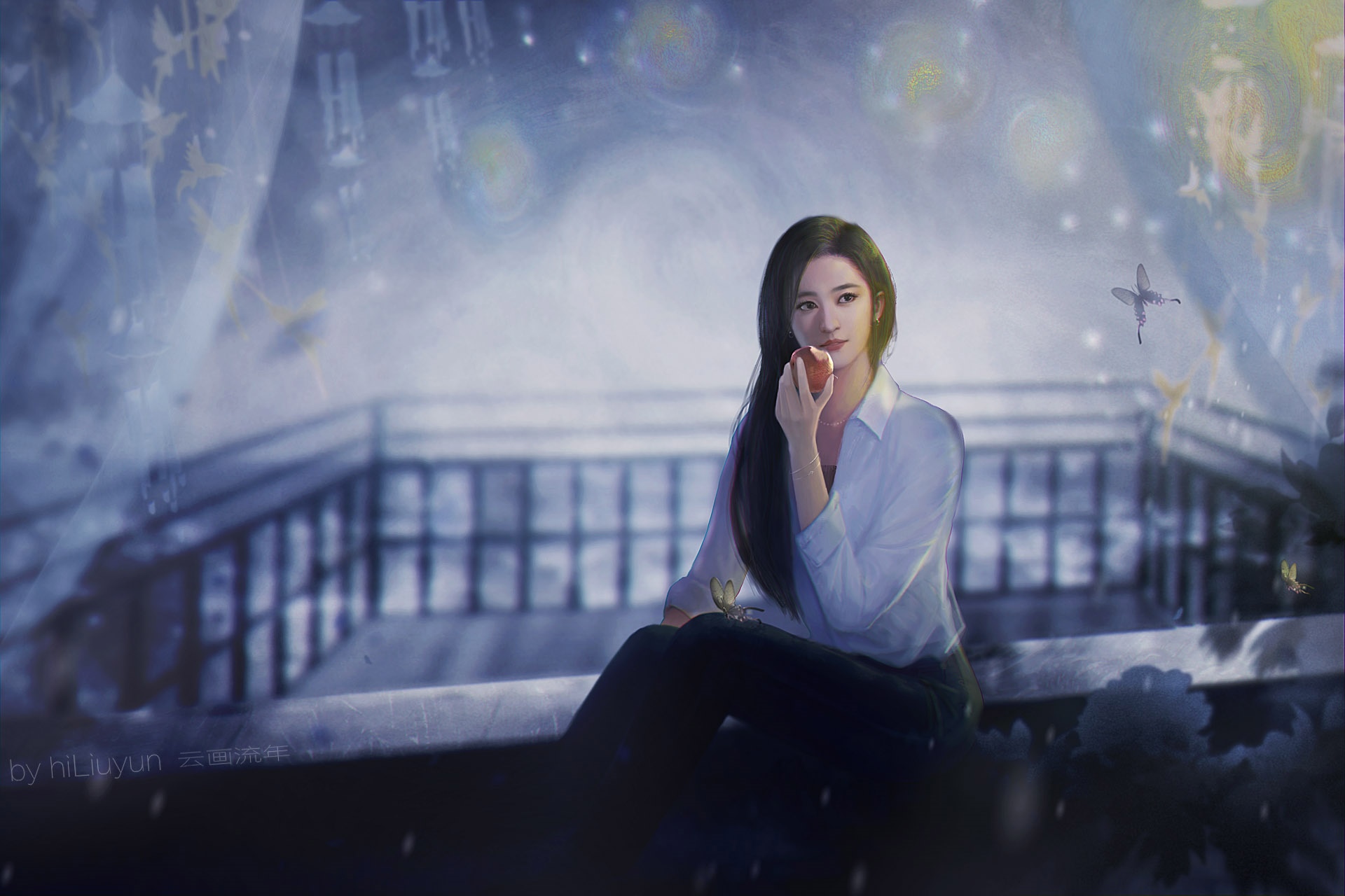Asian woman eating an apple with butterflies HD Wallpaper