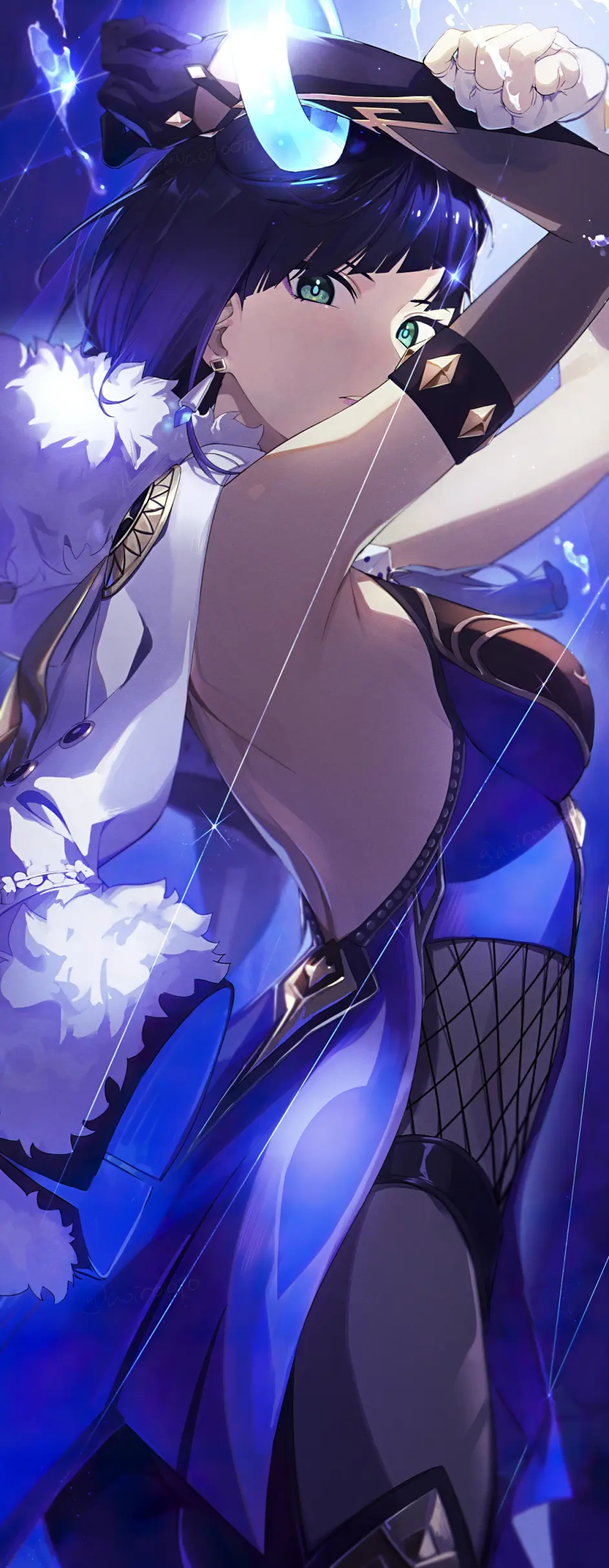 Yelan from Genshin Impact with blue horns HD Phone Wallpaper