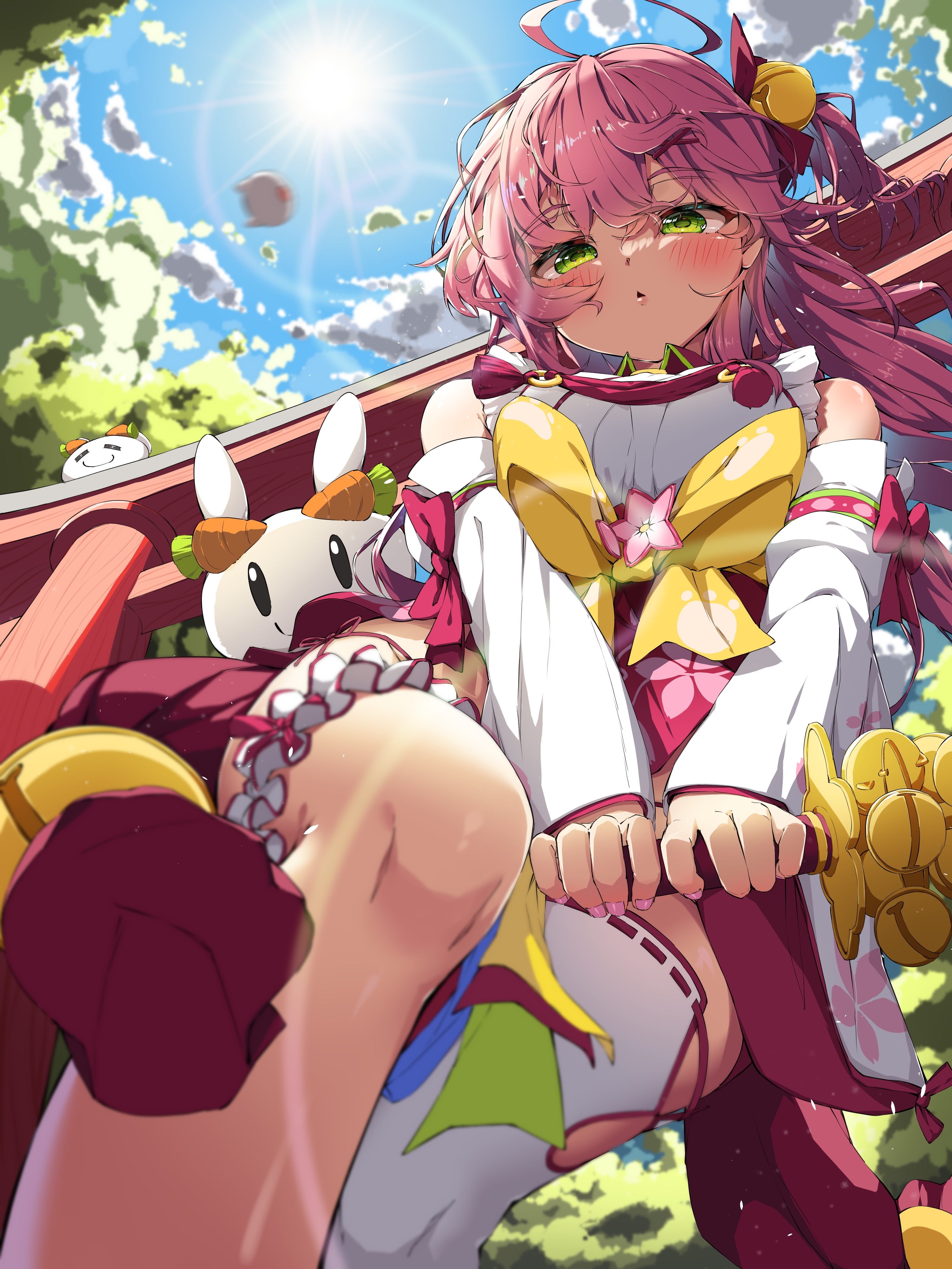 Sakura Miko with a bunny plushie under a torii gate HD Phone Wallpaper