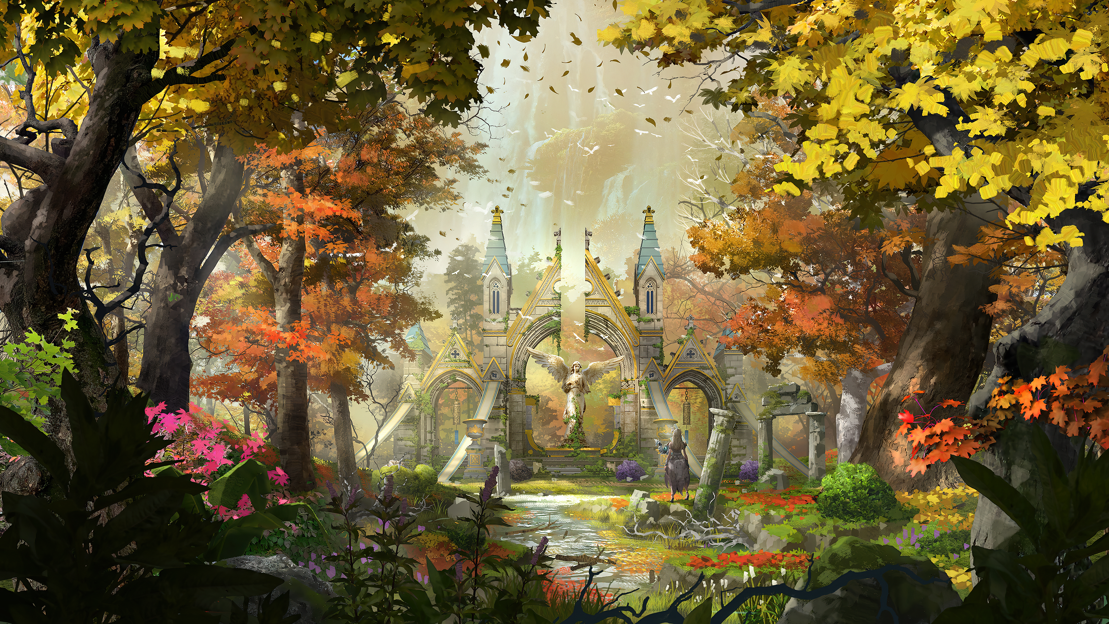 Fantasy art of autumn forest with angelic architecture HD Wallpaper