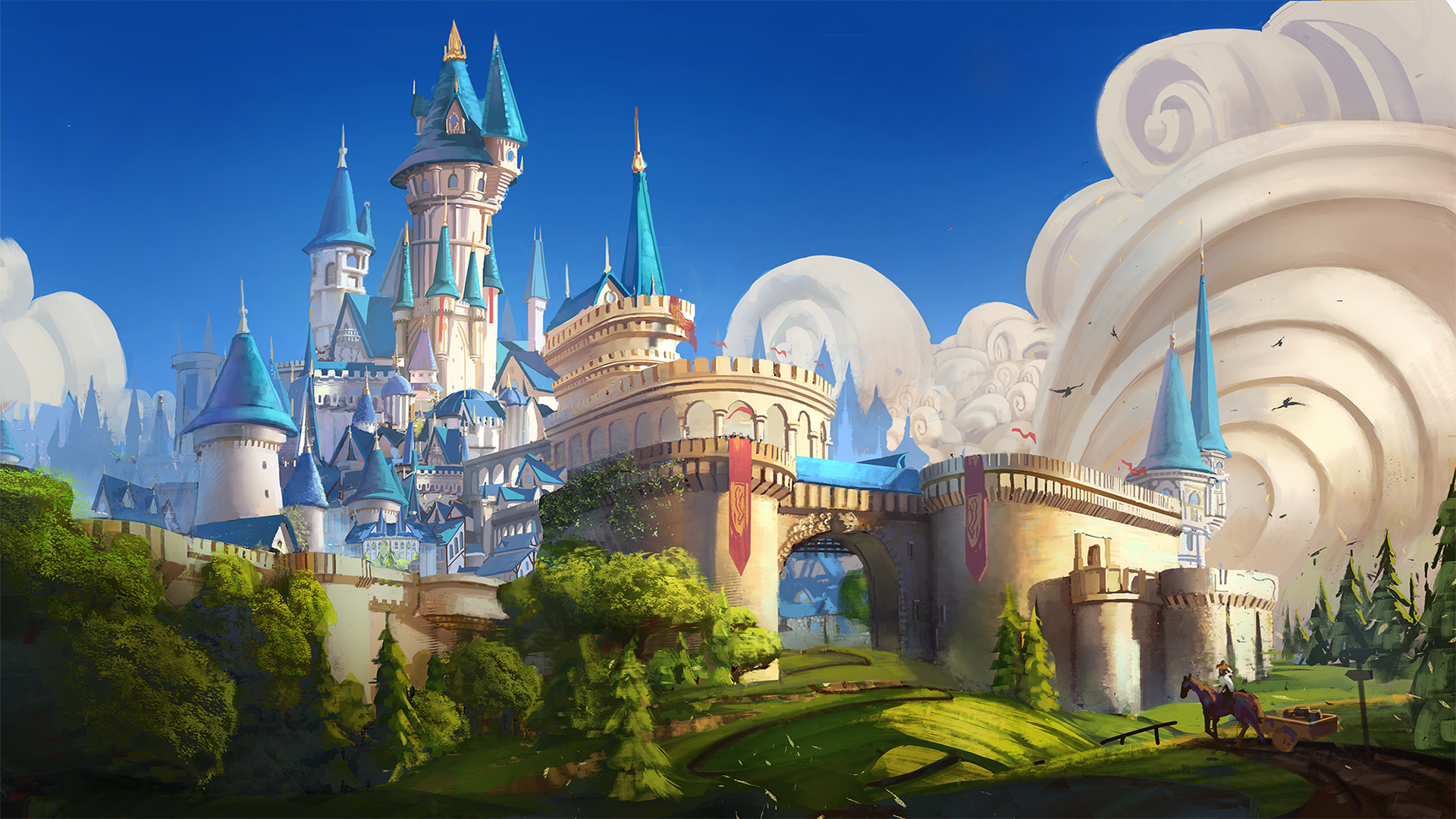 Fantasy castle with blue spires and clouds HD Wallpaper