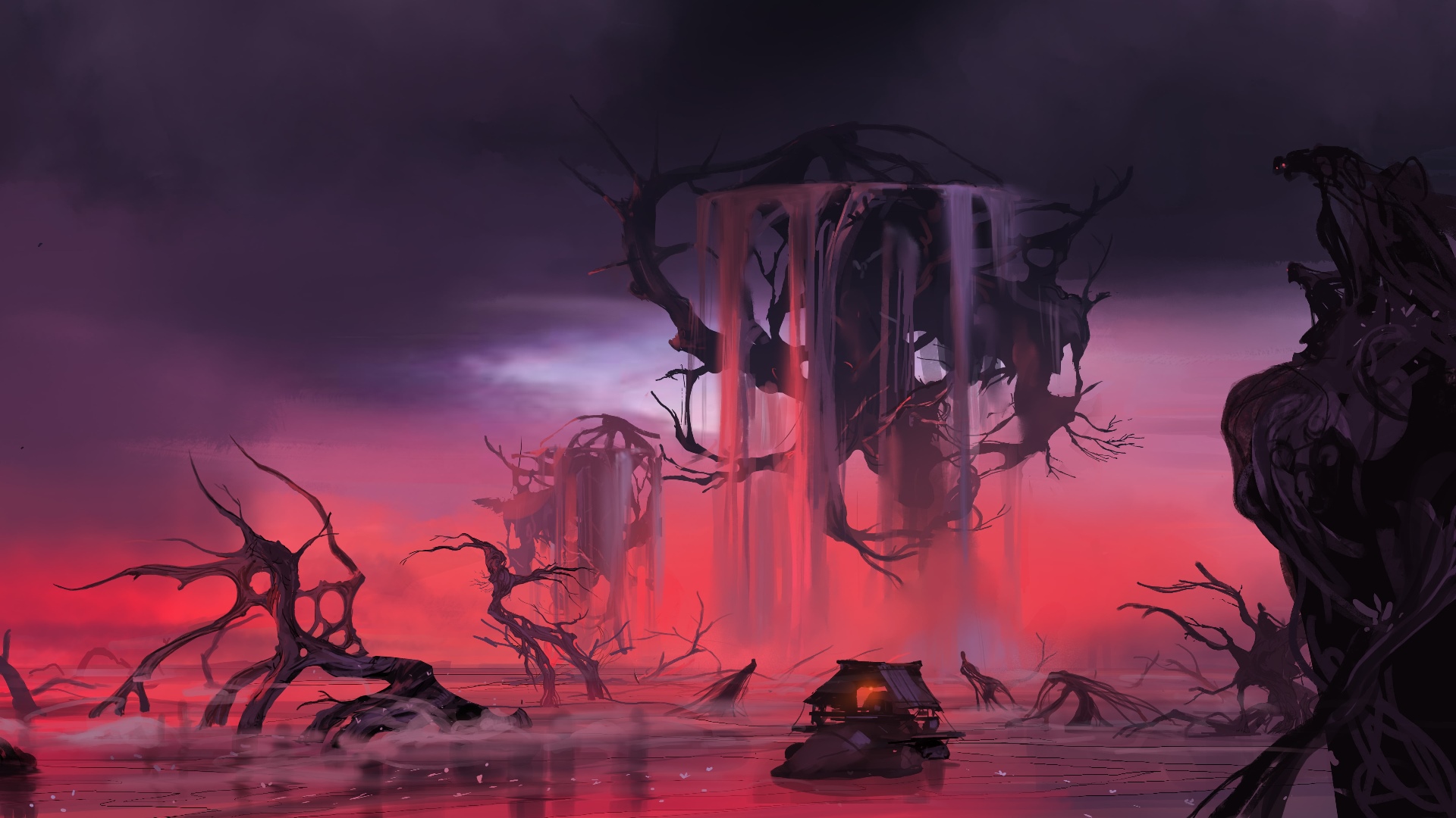 Fantasy art of dead trees and a waterfall HD Wallpaper
