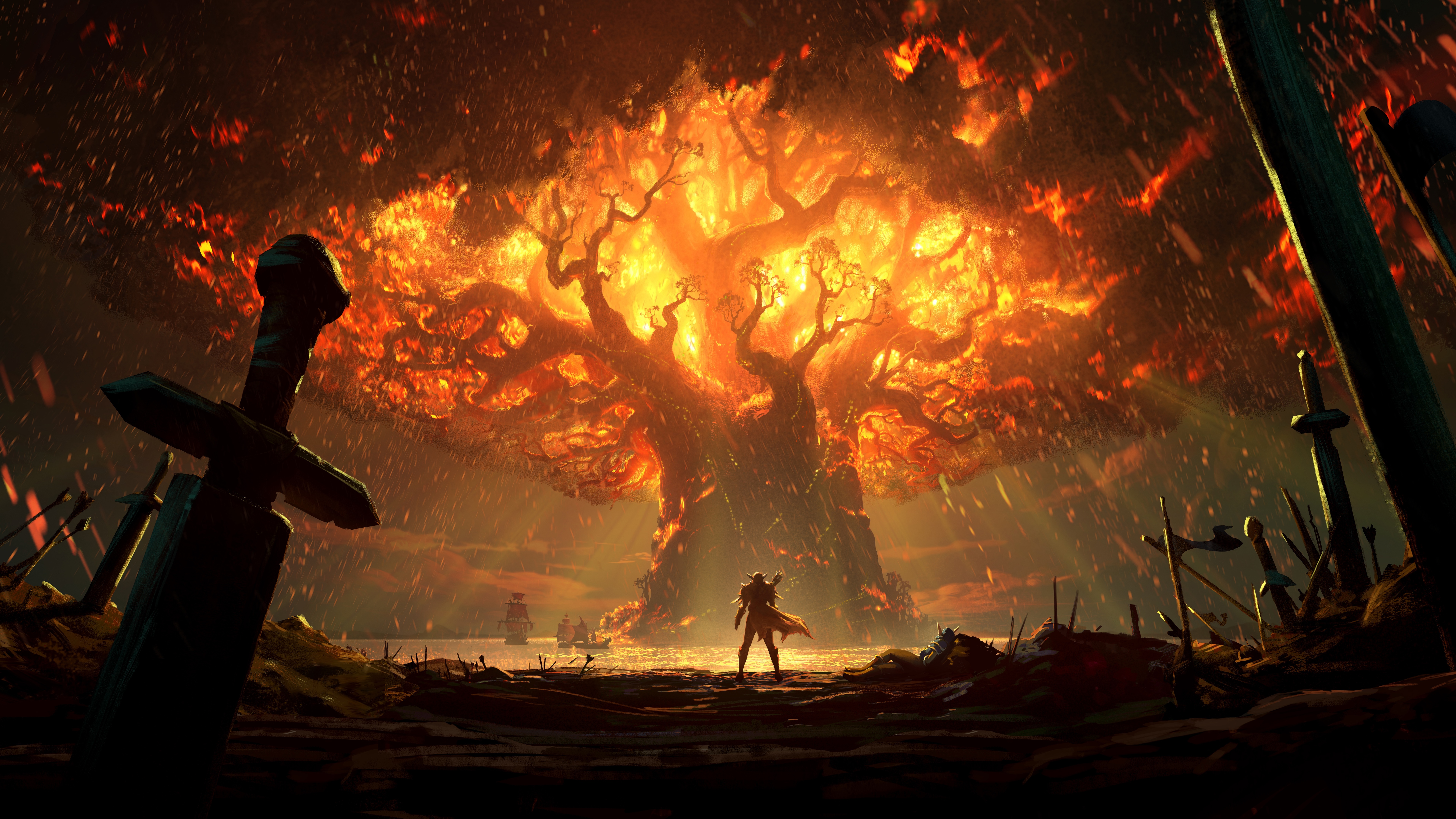 4K World of Warcraft: Battle for Azeroth Burning Tree HD Wallpaper