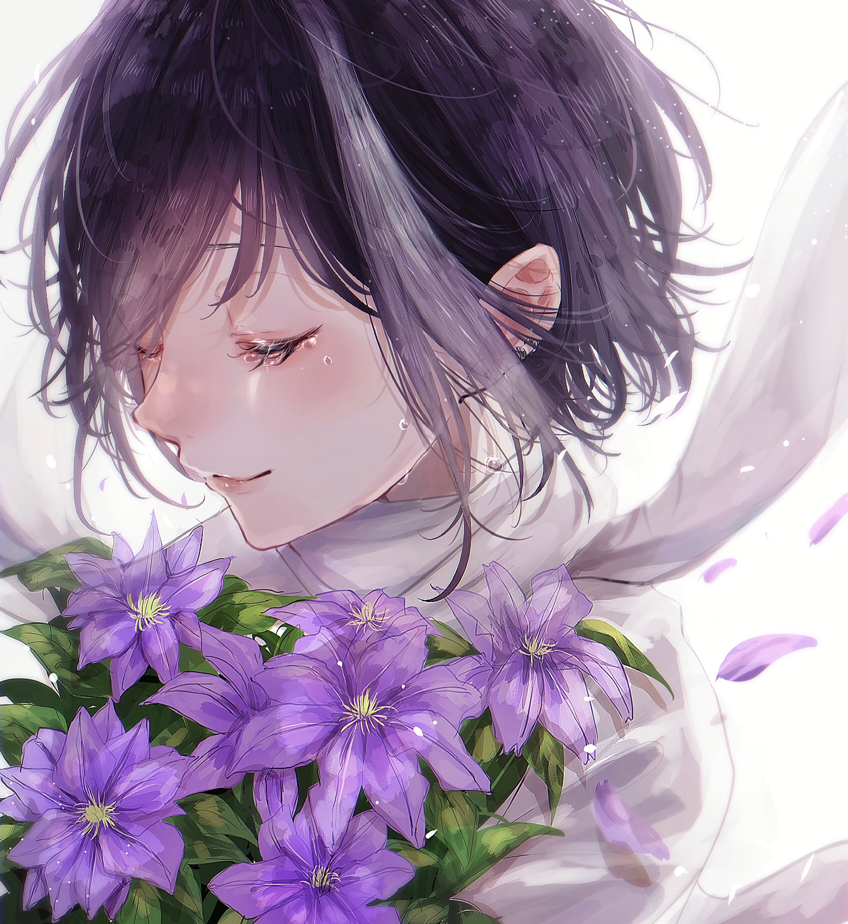Anime girl with purple hair holding purple flowers HD Wallpaper
