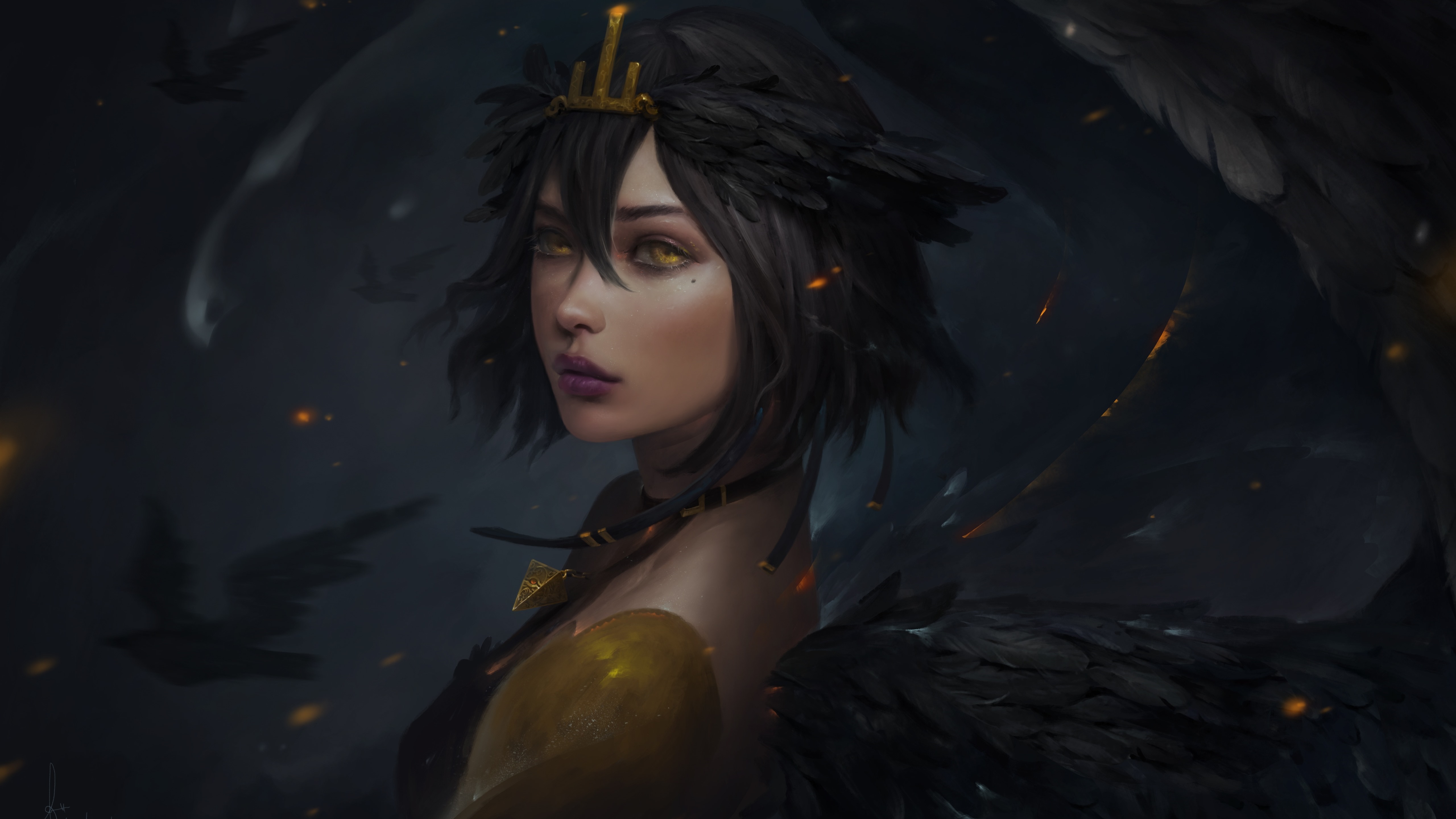 Fantasy girl with black wings and yellow eyes HD Wallpaper