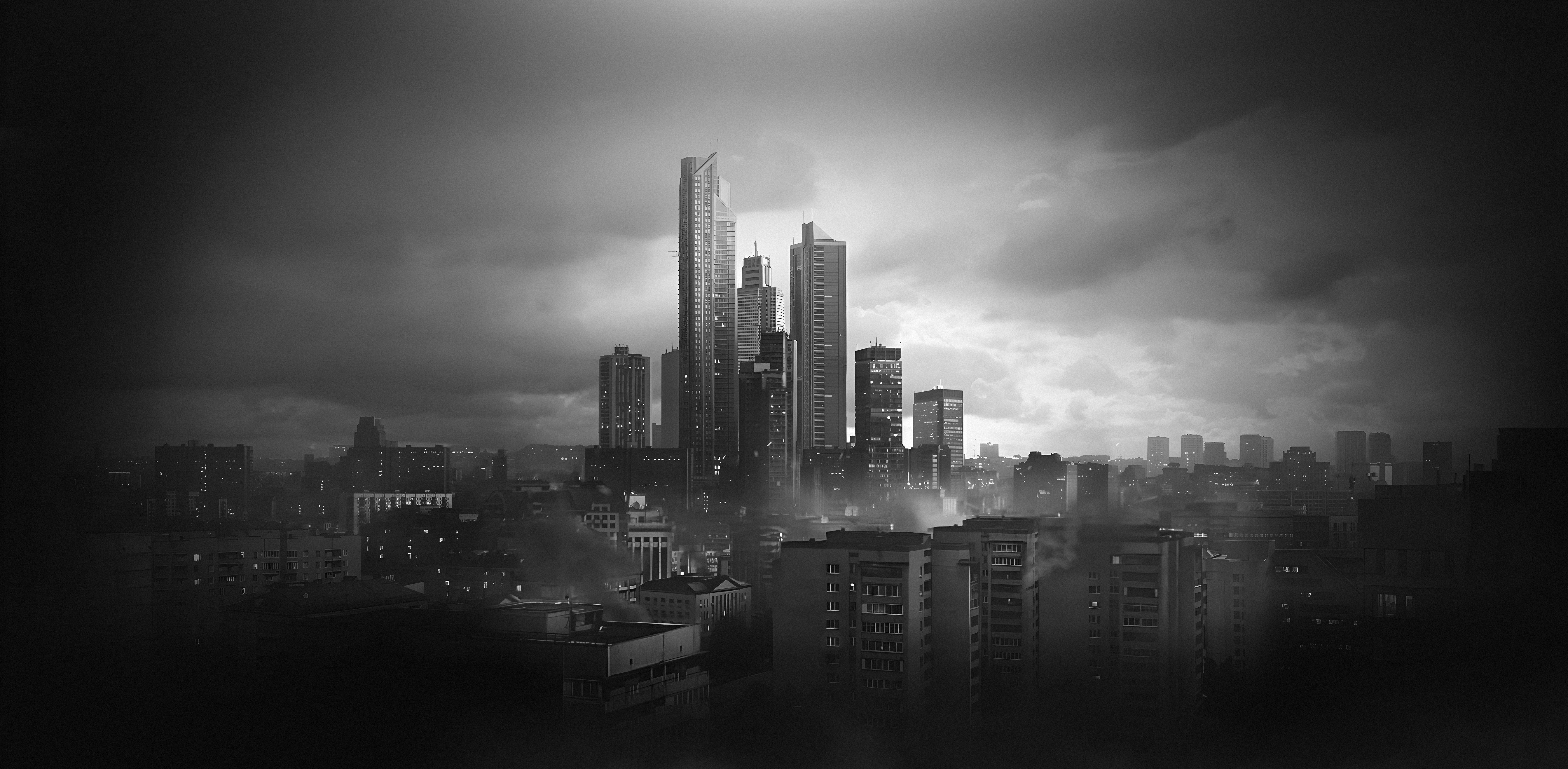 Monochrome cityscape with skyscrapers under cloudy sky HD Wallpaper