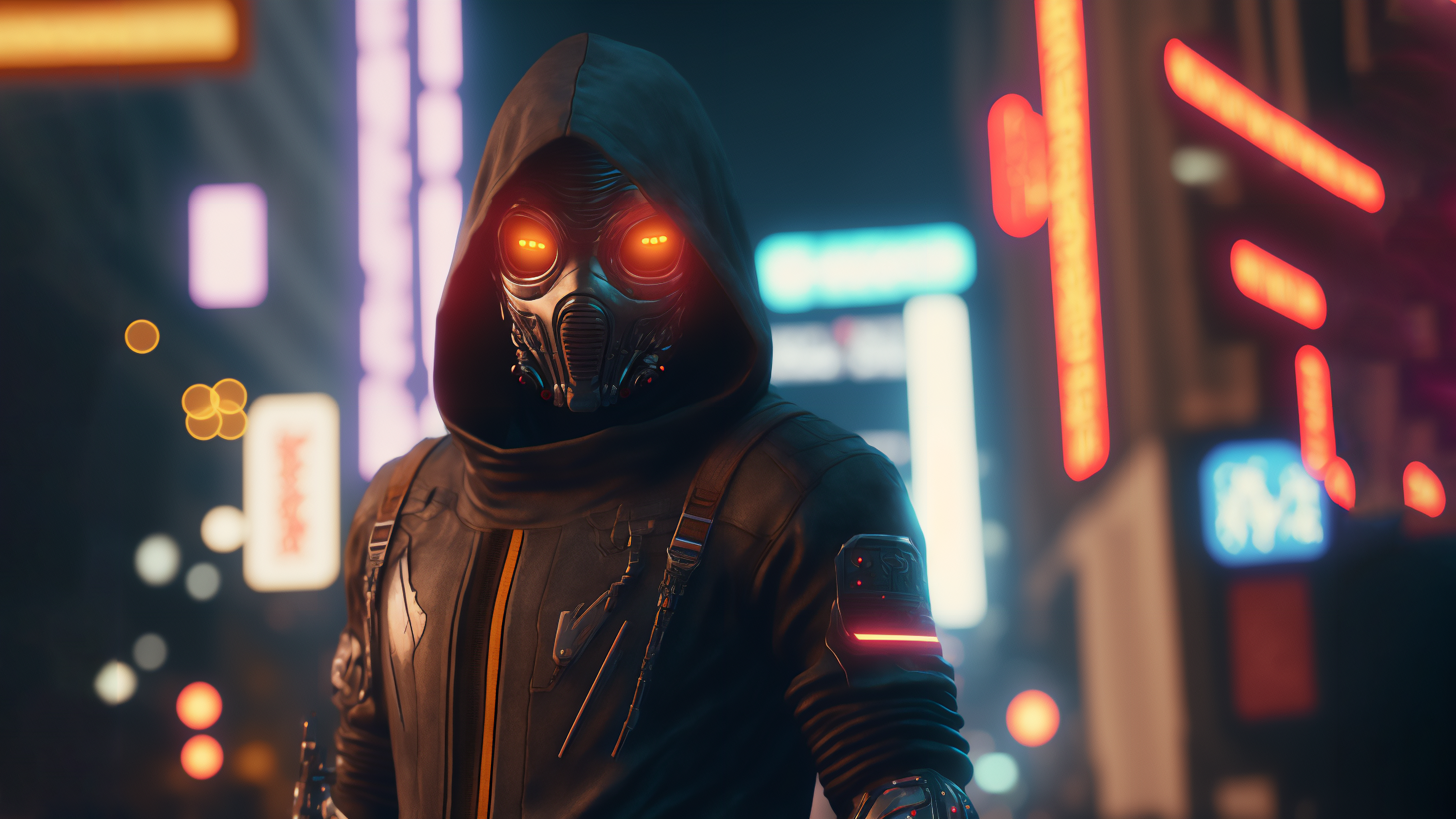 Cyberpunk character with mask and hood in city lights HD Wallpaper