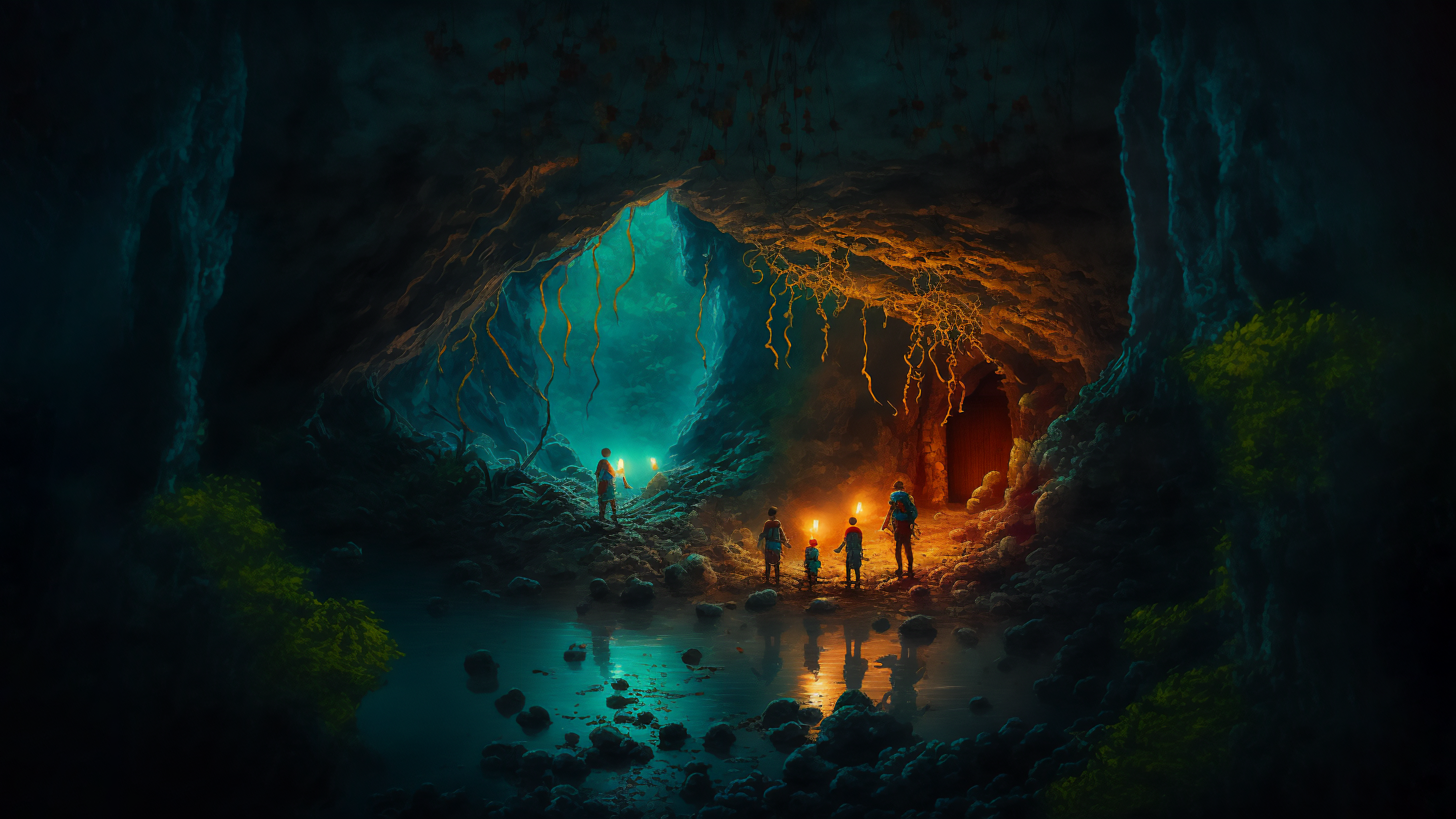 Explorers with torches in a glowing cave HD Wallpaper