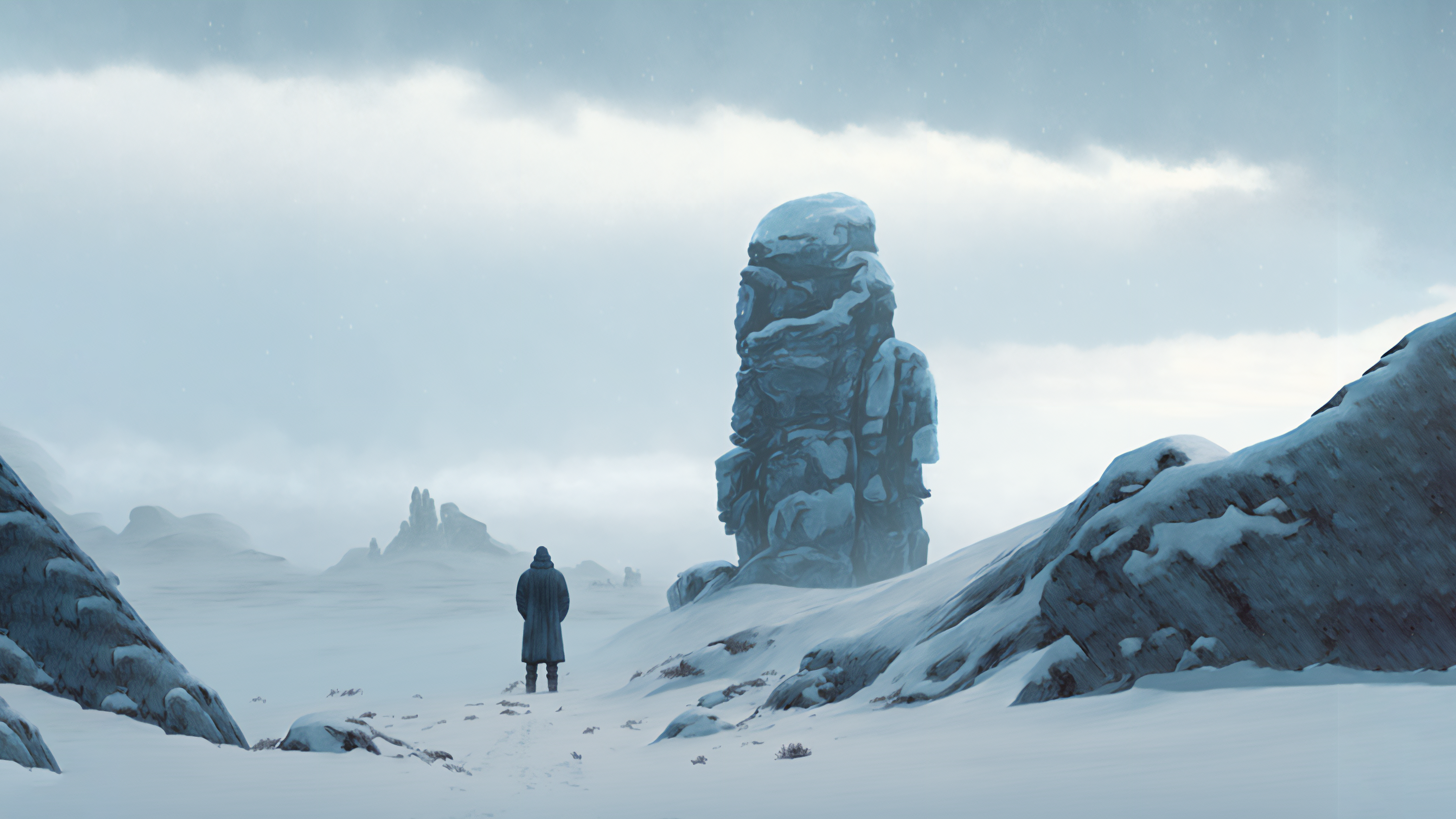 A lone figure stands in a snowy, rocky landscape. HD Wallpaper