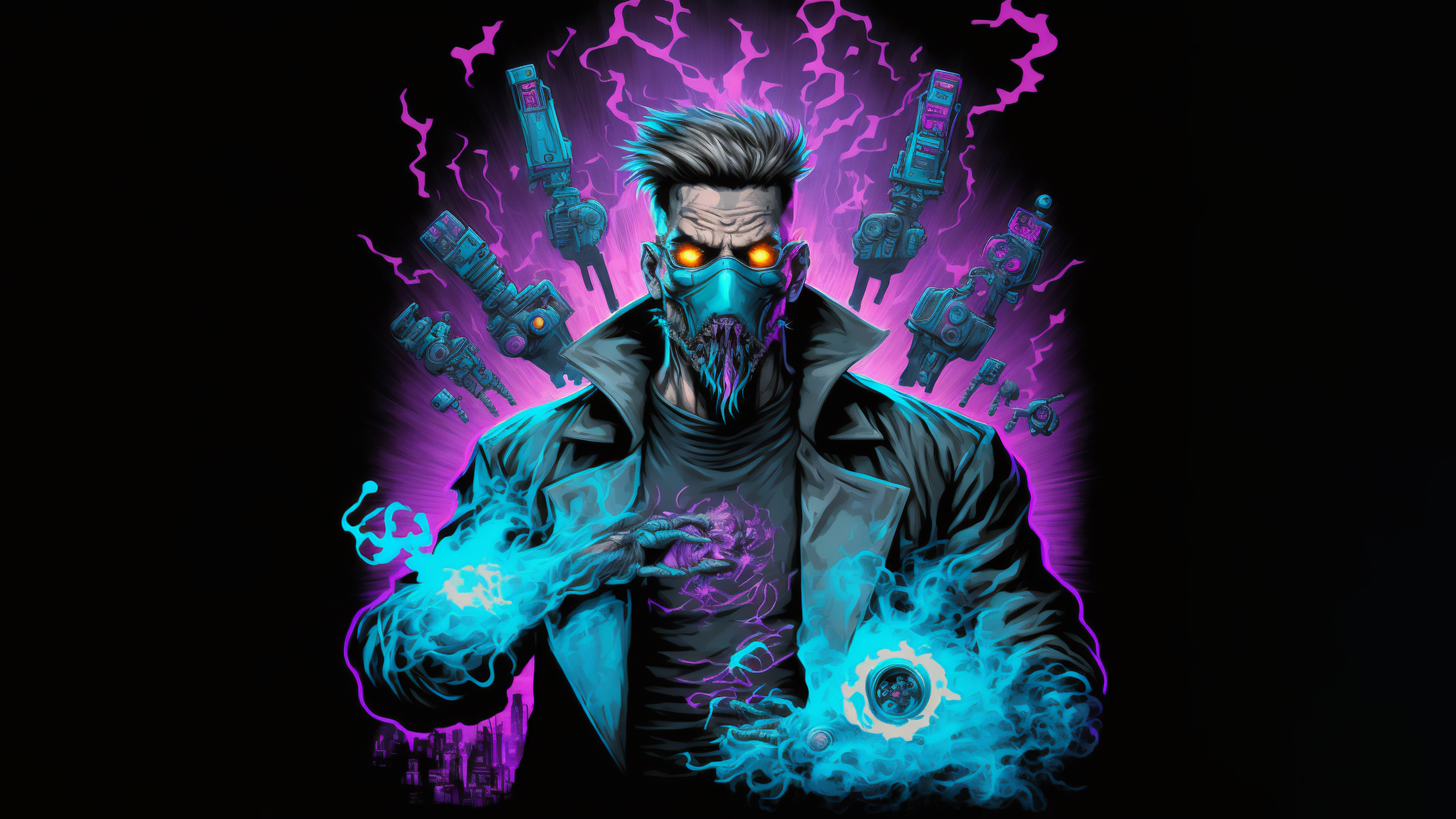 Cyberpunk man with glowing eyes and energy blasts HD Wallpaper