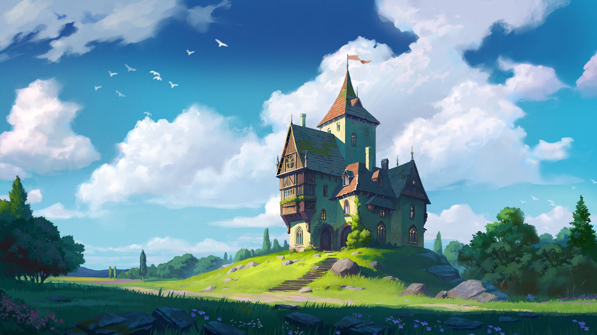 Pavel Starikov's castle on a grassy hill with birds and clouds HD Wallpaper