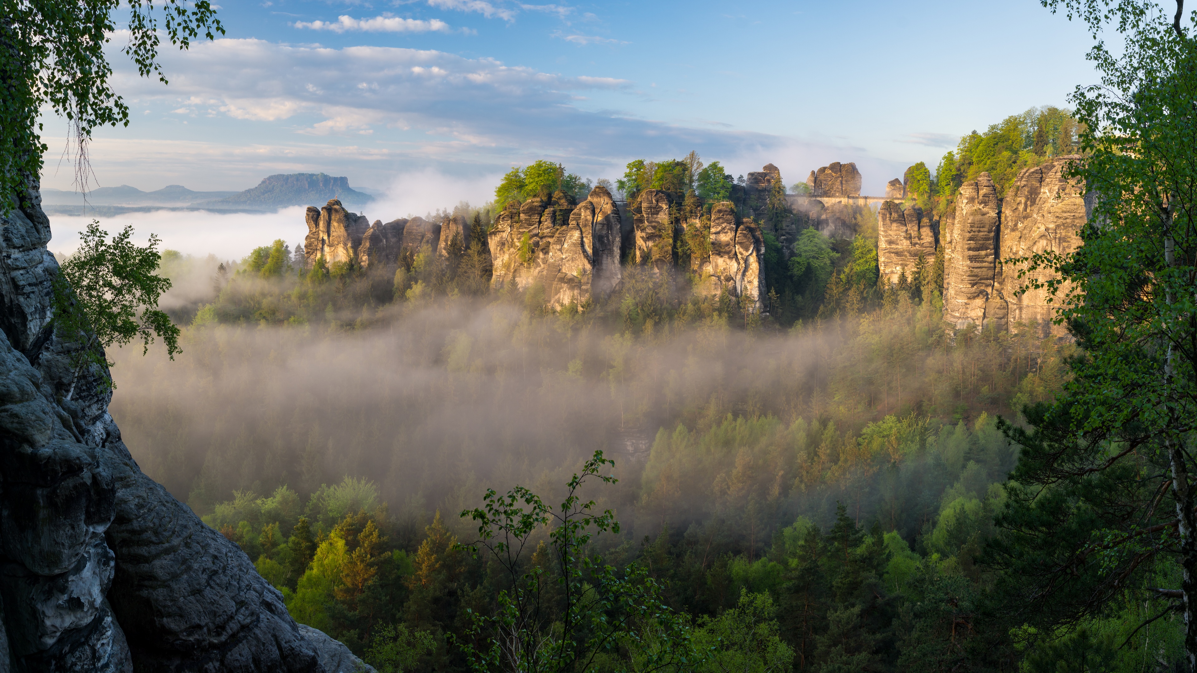 4K Mist over Bastei rocks in Saxon Switzerland, Germany HD Wallpaper