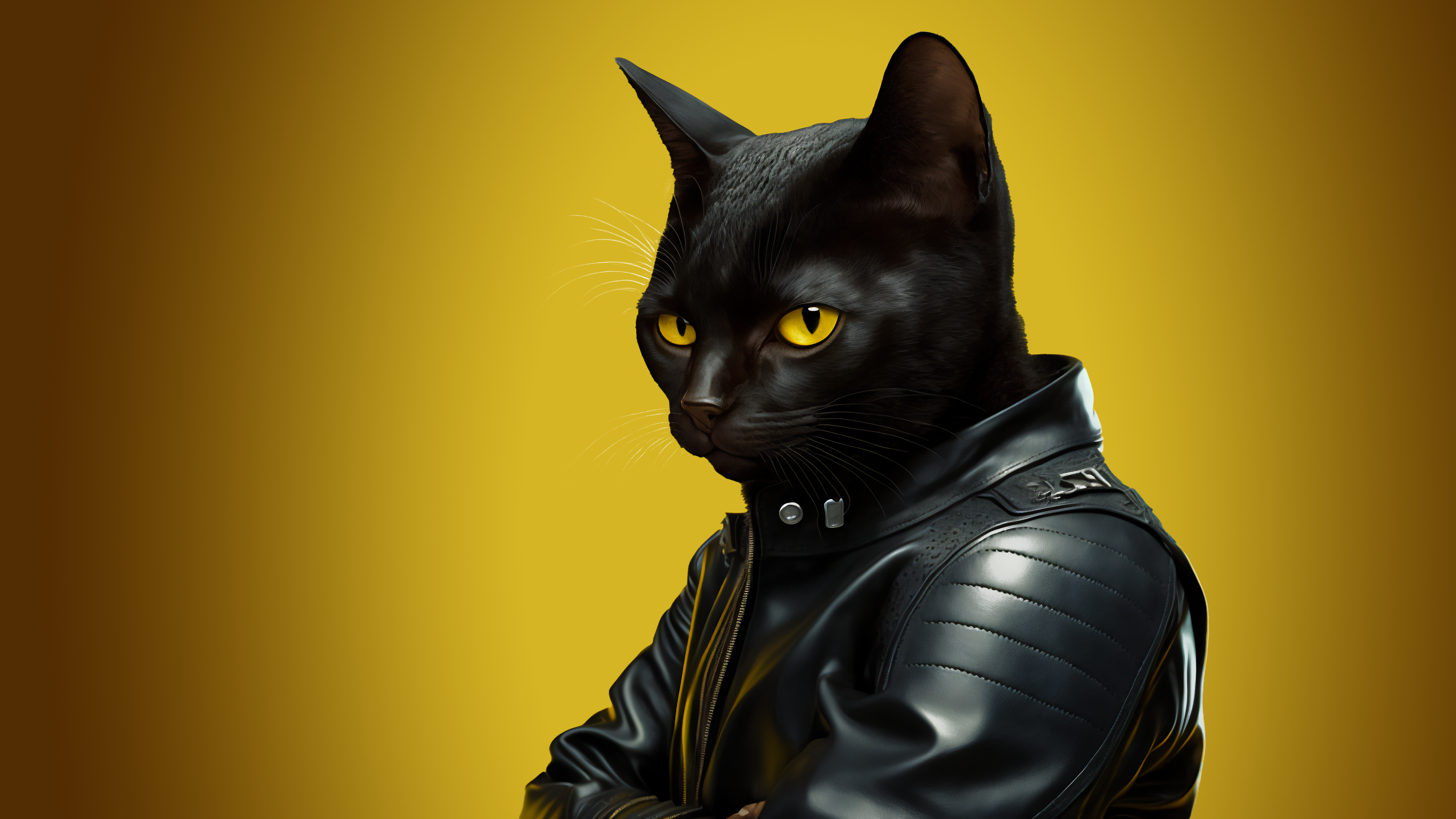 Black cat wearing a leather jacket on a yellow background HD Wallpaper