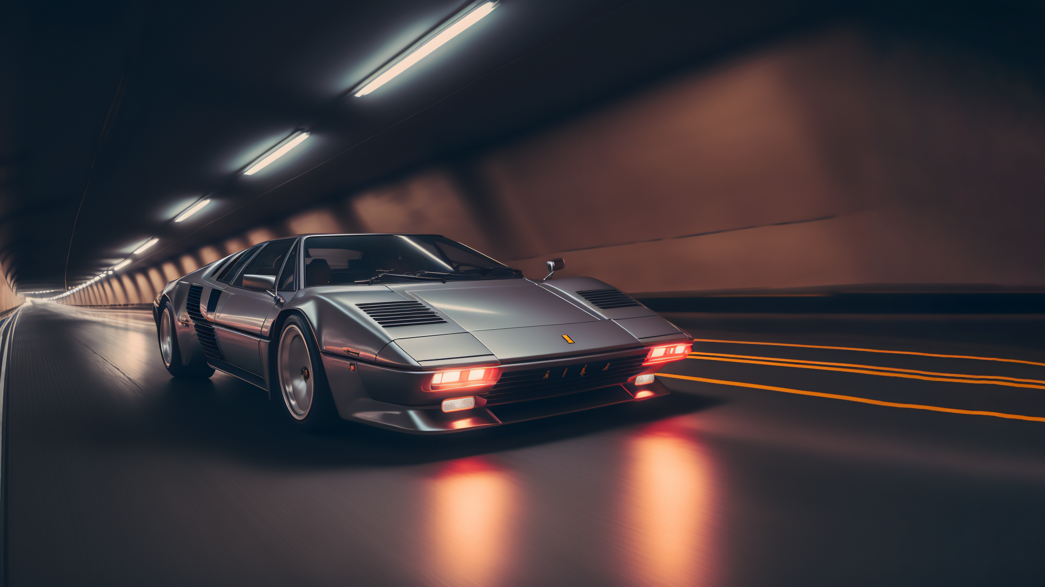 Silver Ferrari Testarossa driving through a tunnel at night HD Wallpaper