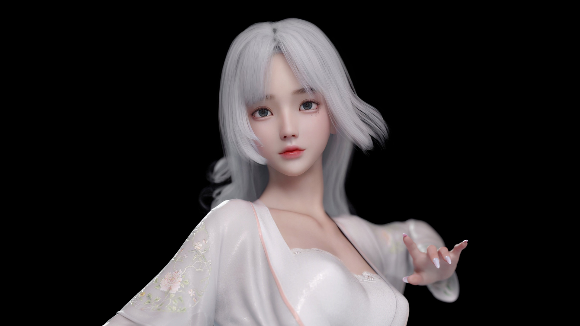 Woman with white hair and white robe HD Wallpaper