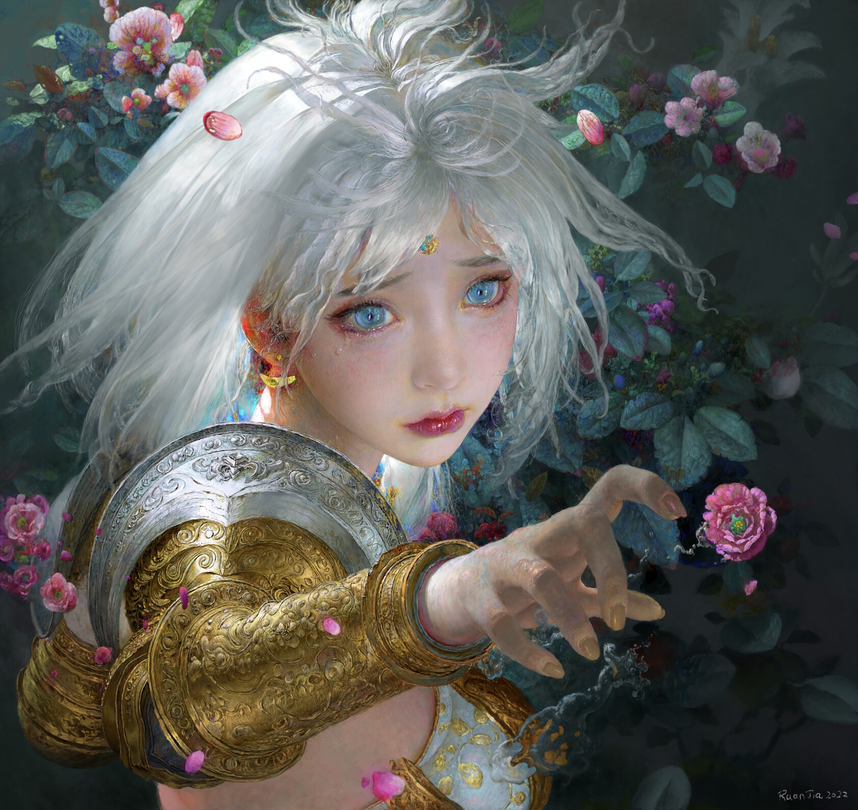 Ruan Jia's painting of a woman with blue eyes and flowers HD Wallpaper