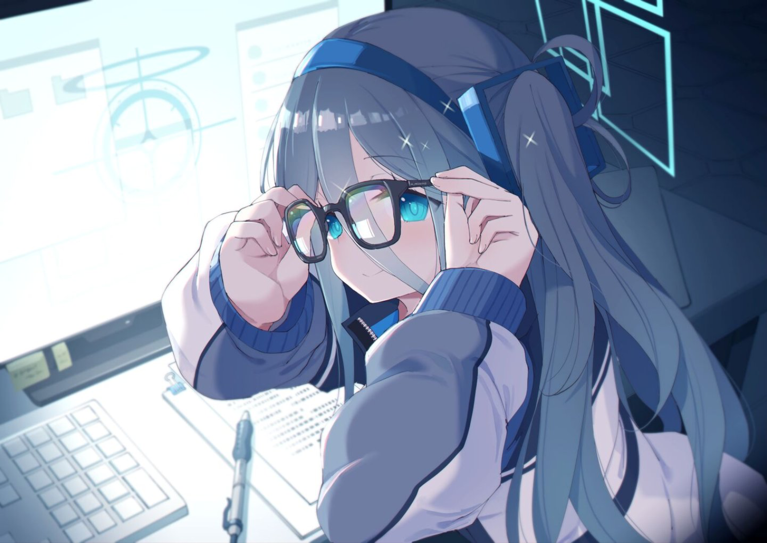 Girl with glasses and blue eyes at a computer HD Wallpaper