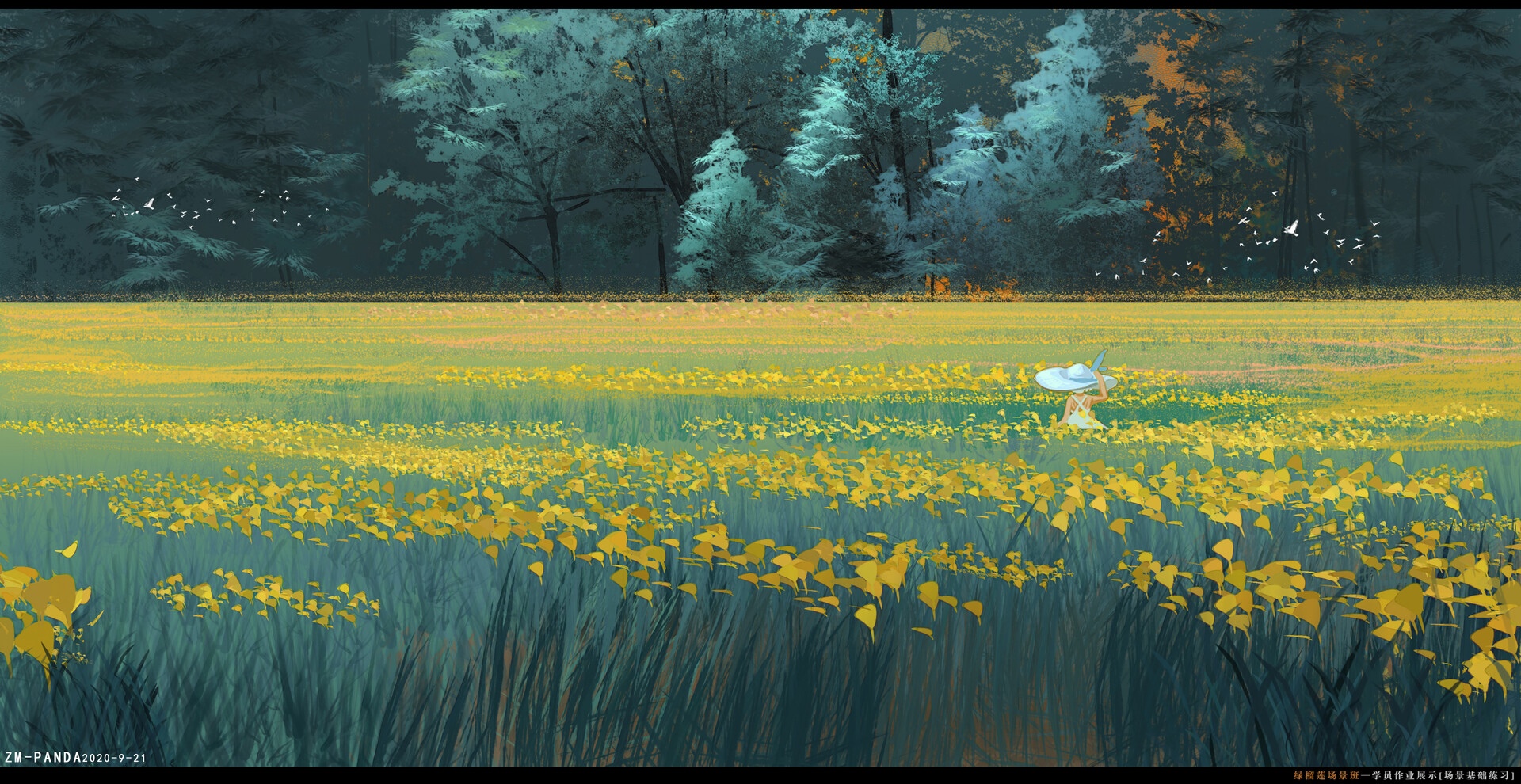 Girl in a field of yellow flowers with trees in the background HD Wallpaper