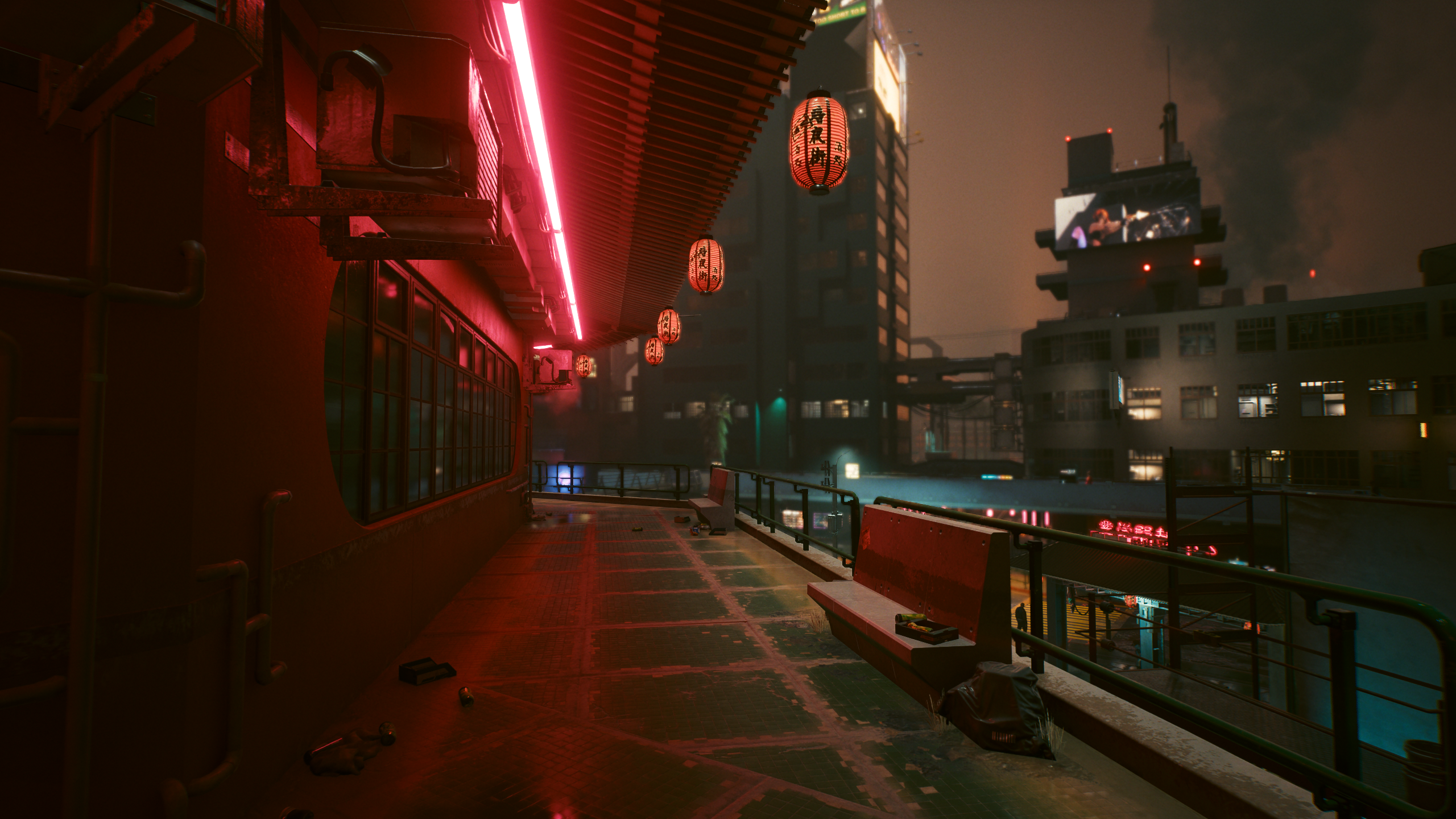 Cyberpunk 2077 Night City Rooftop with Neon Lights HD Wallpaper